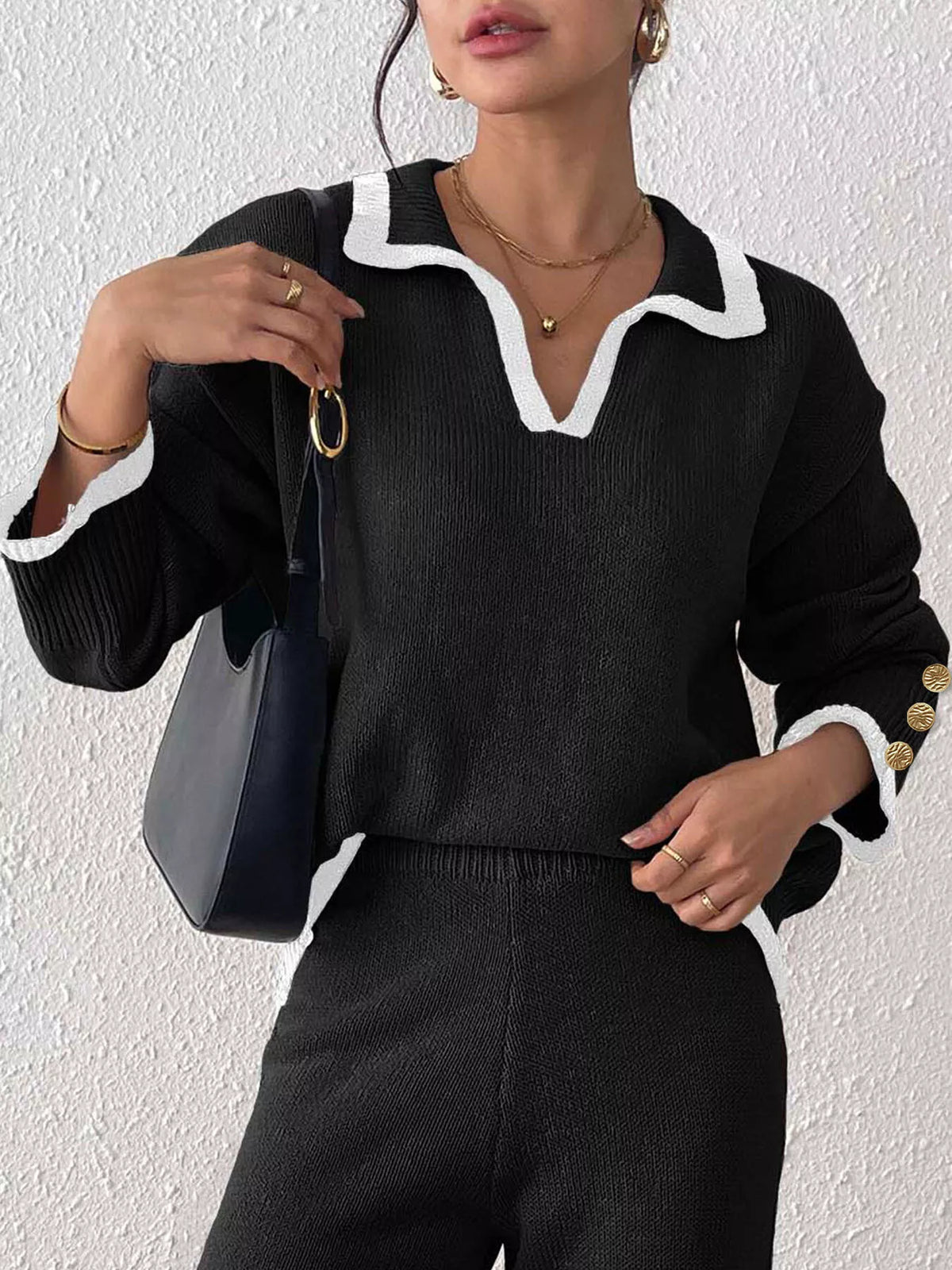 contrast trim polo collar sweater | dropsona - neutral - close-up detail