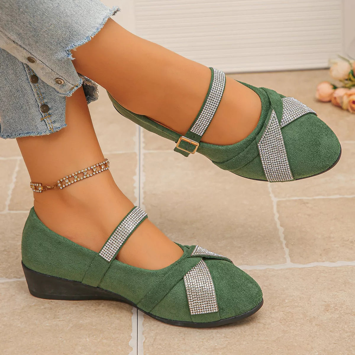 rhinestone embellished suede loafers with adjustable | dropsona - neutral - packaging