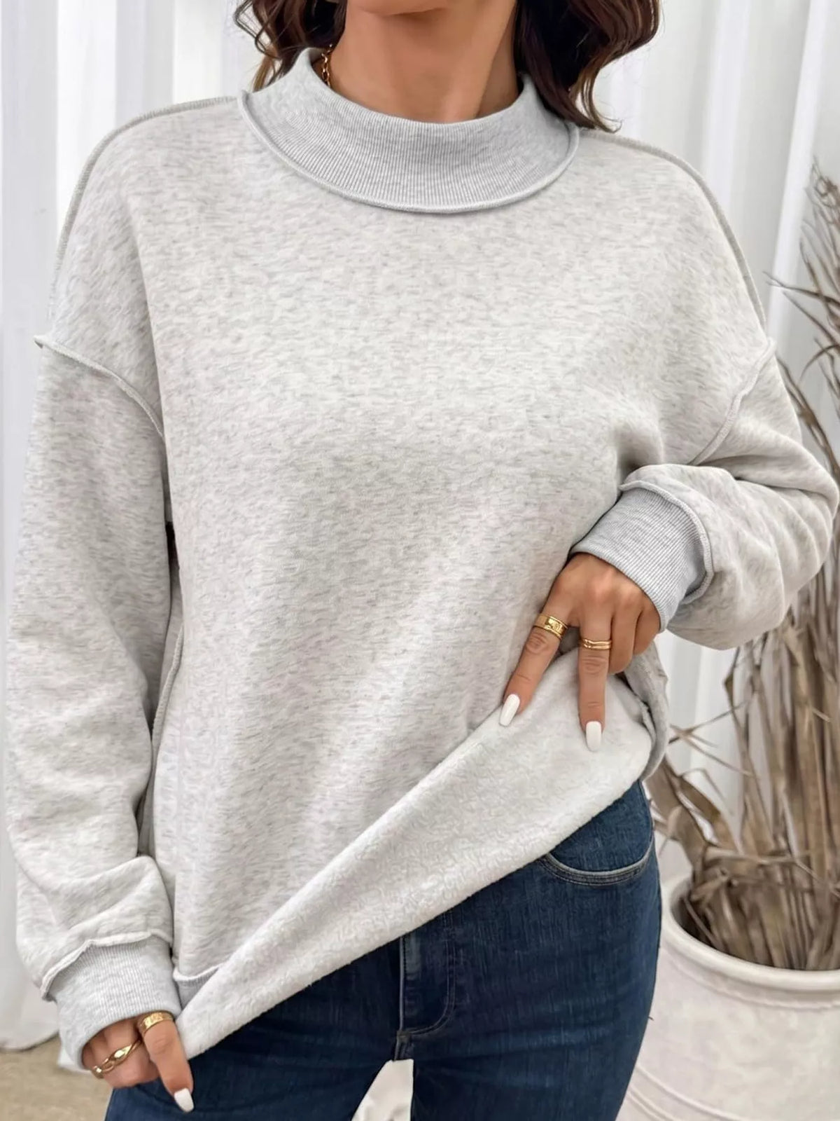 mock neck long sleeve sweatshirt | dropsona polyester 70% - neutral - material texture