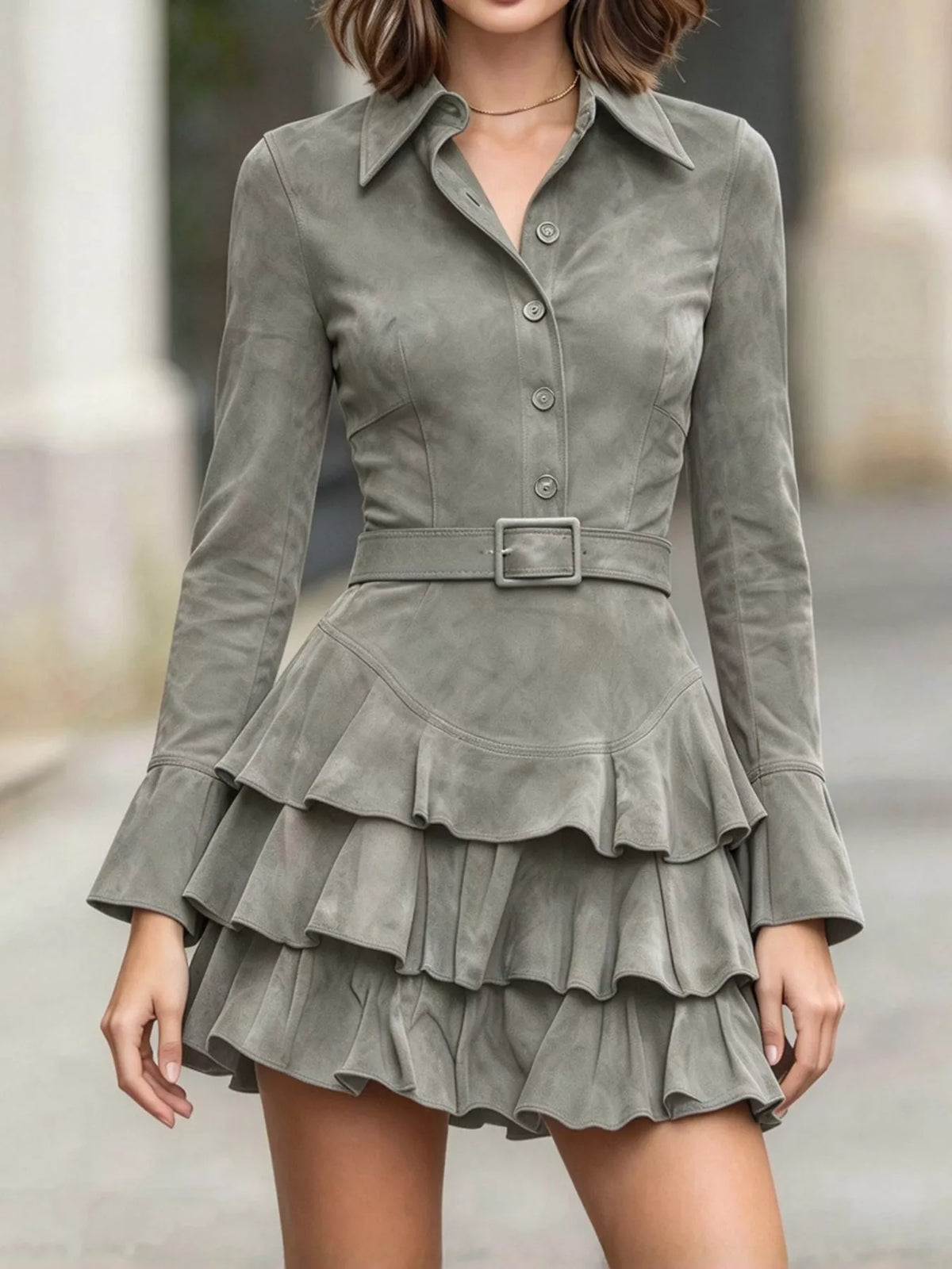 ruffle layered button front mini dress – ruffled fit | dropsona - neutral - size reference