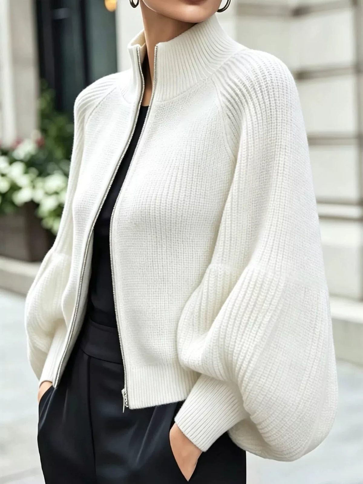 full size elegant ribbed knit zip-up cardigan with | dropsona - neutral - everyday use
