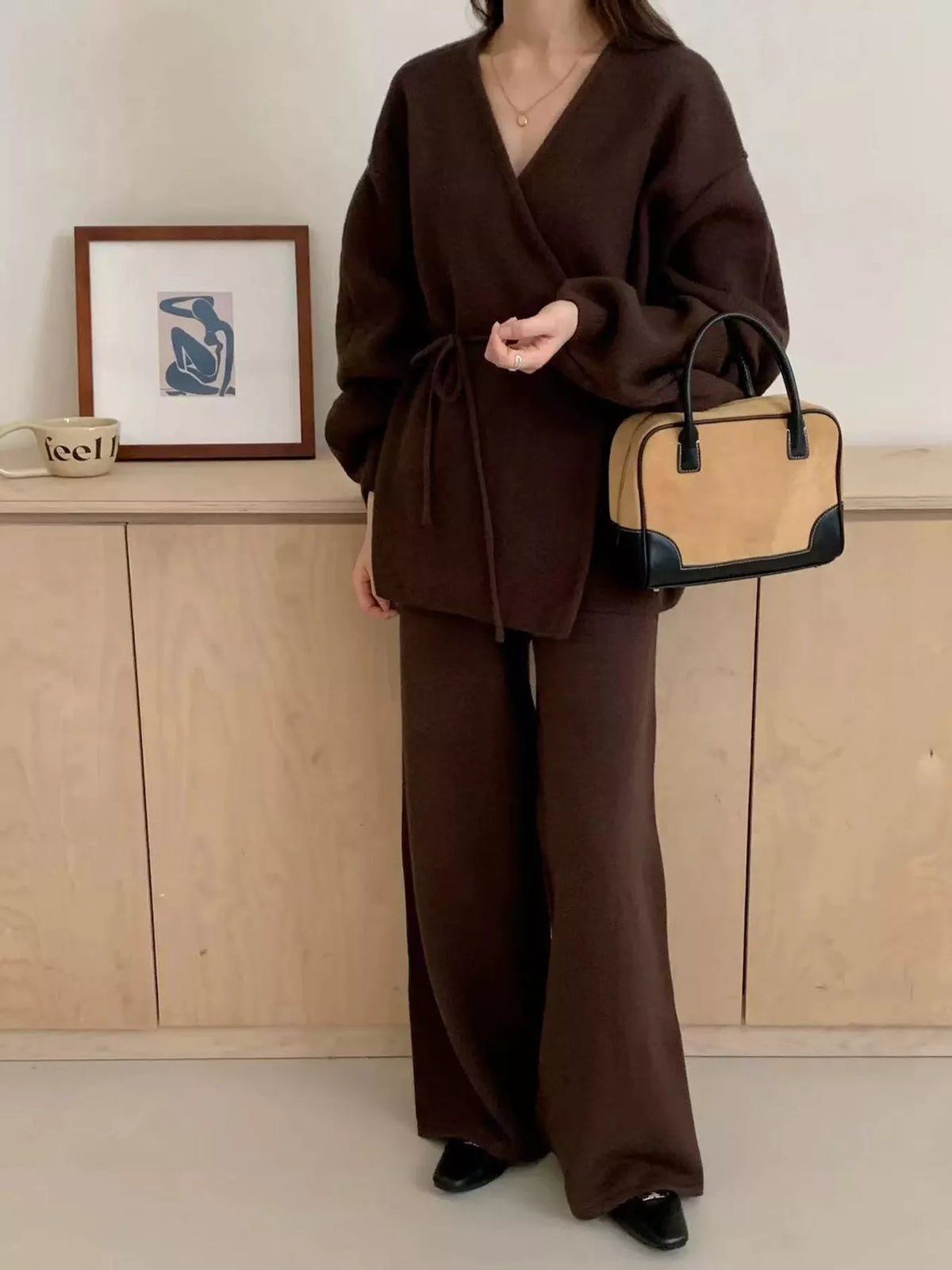 elegant v-neck wrap cardigan and wide-leg pants | dropsona - neutral - material texture