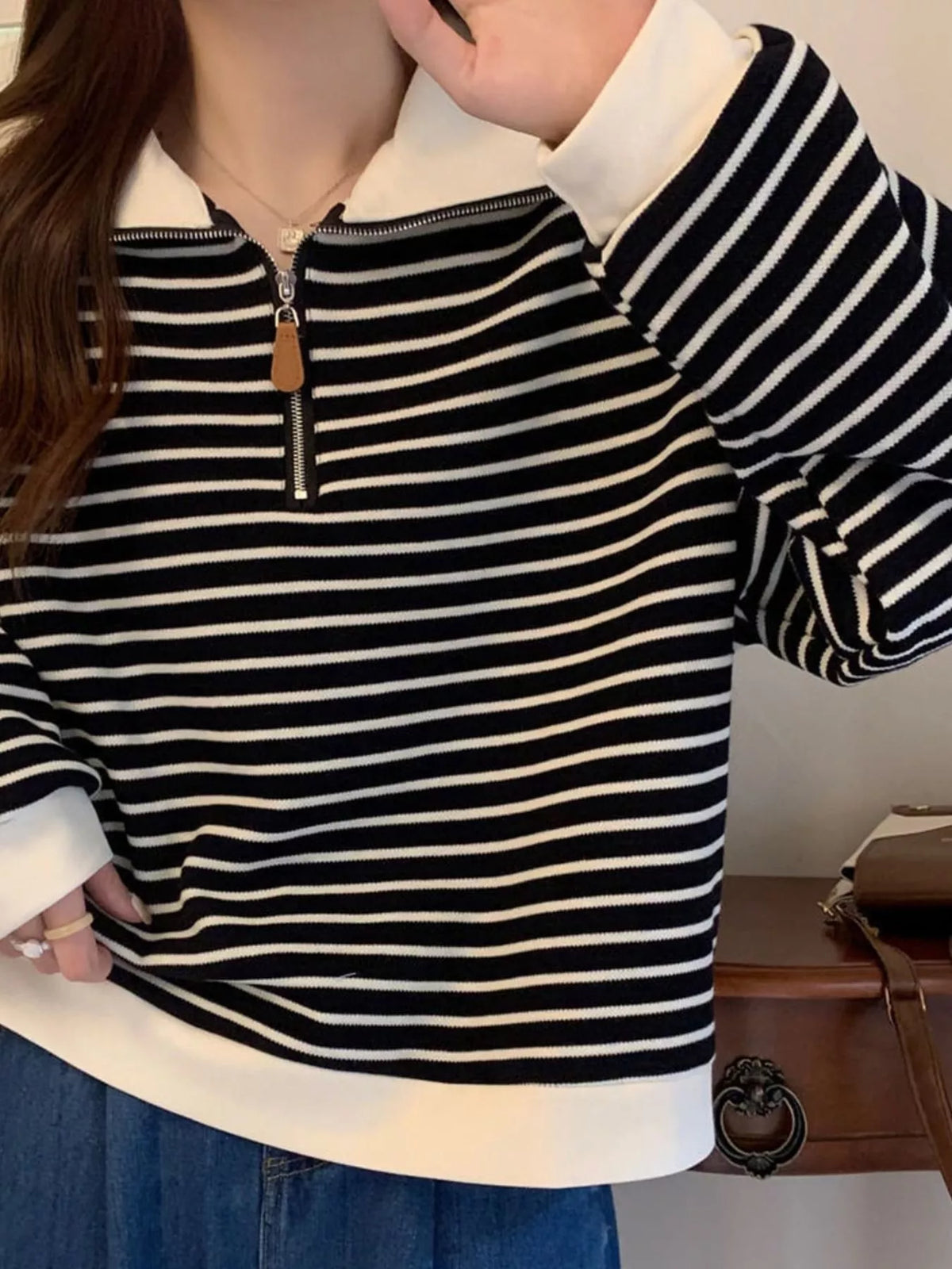 plus size striped quarter-zip pullover sweatshirt | dropsona - neutral - material texture