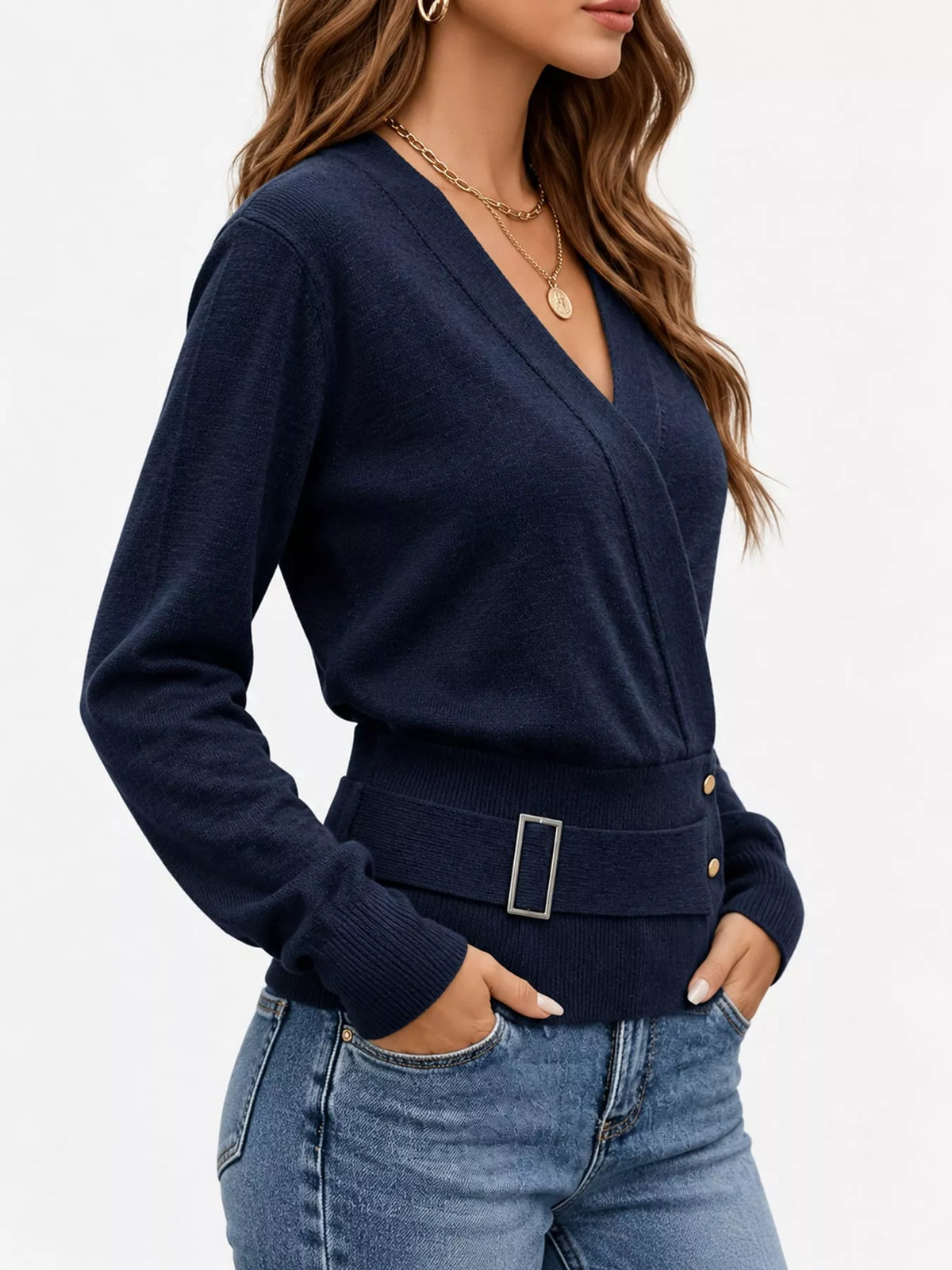 surplice elastic waist long sleeve knit top | dropsona - neutral - size reference
