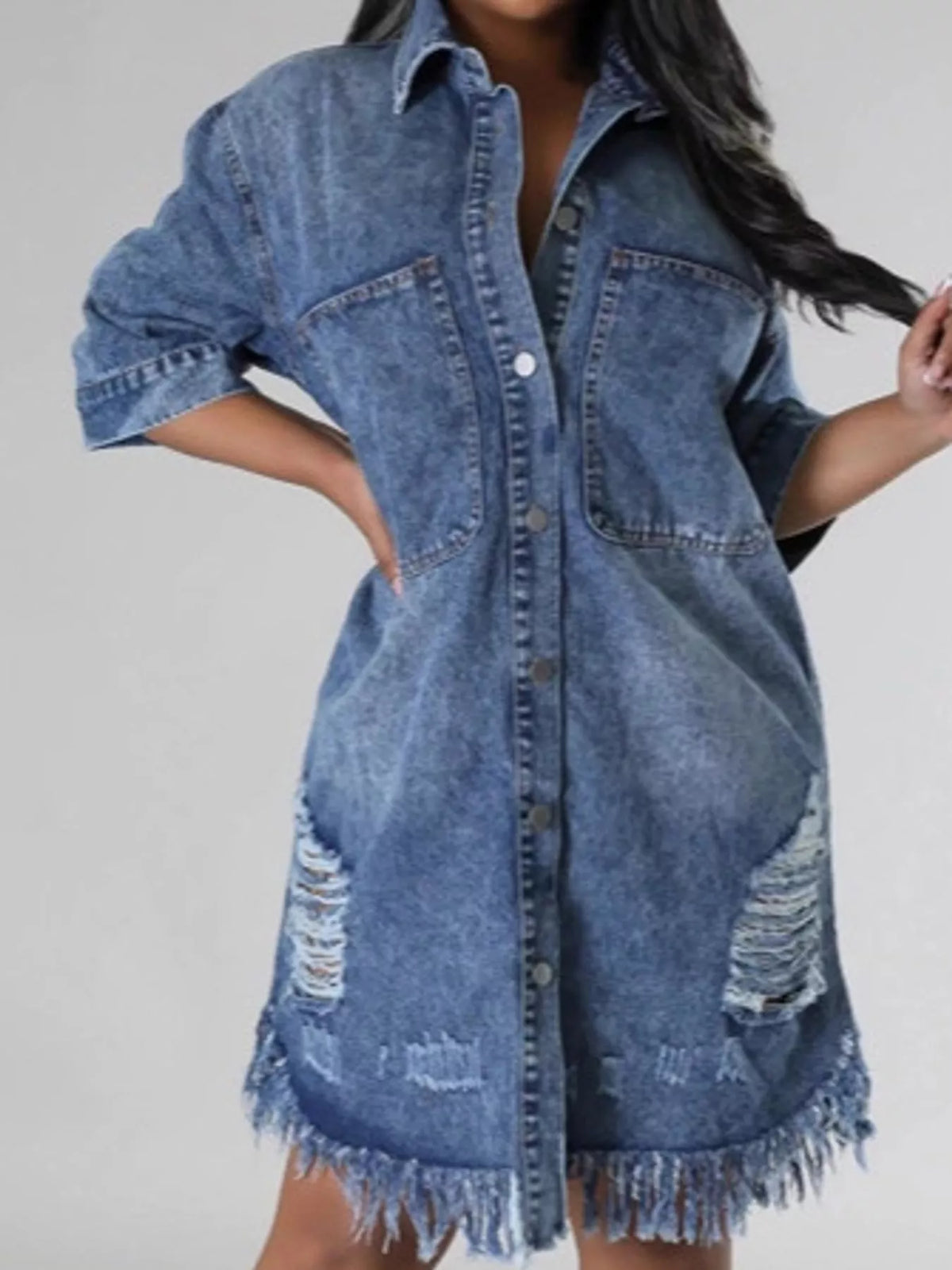 plus size distressed frayed hem button-down denim | dropsona - neutral - front view