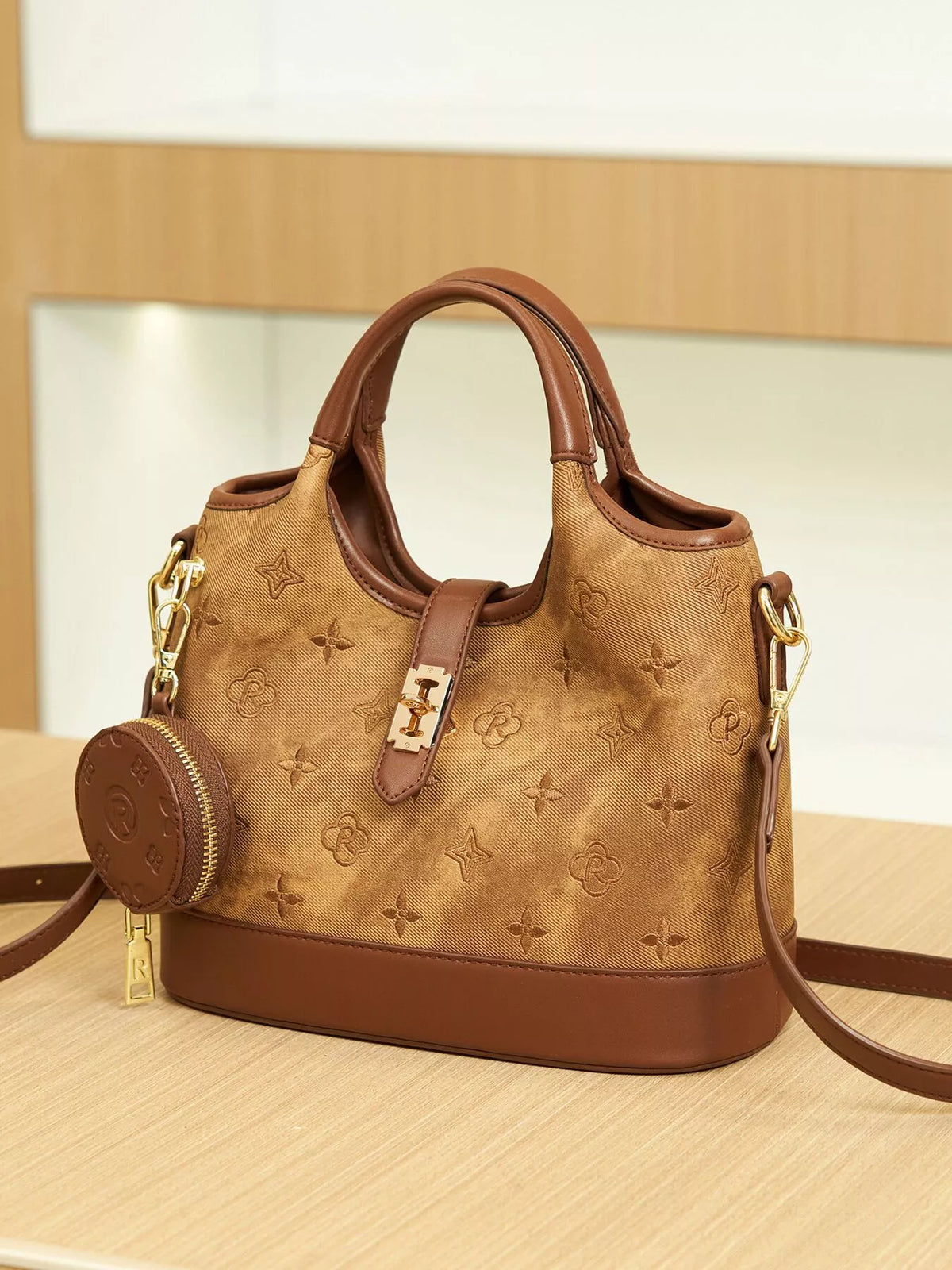 embossed crossbody bag with detachable coin pouch | dropsona - neutral - material texture