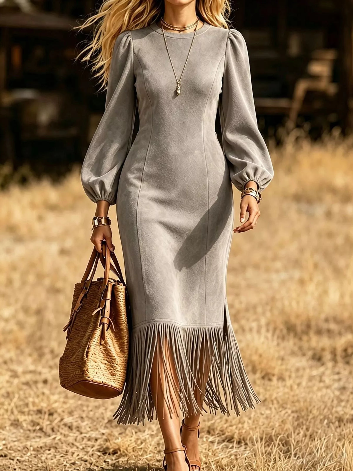 fringe round neck balloon sleeve dress – | dropsona - neutral - packaging