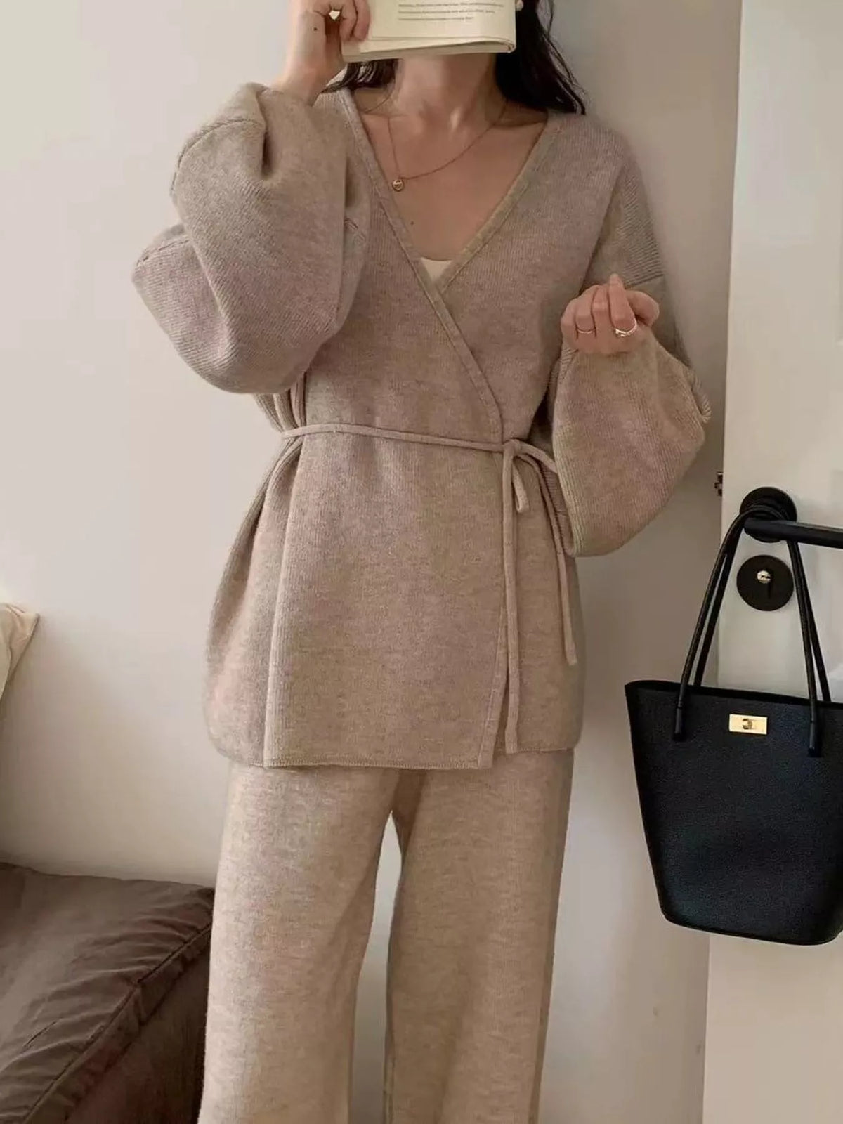 elegant v-neck wrap cardigan and wide-leg pants | dropsona - neutral - size reference