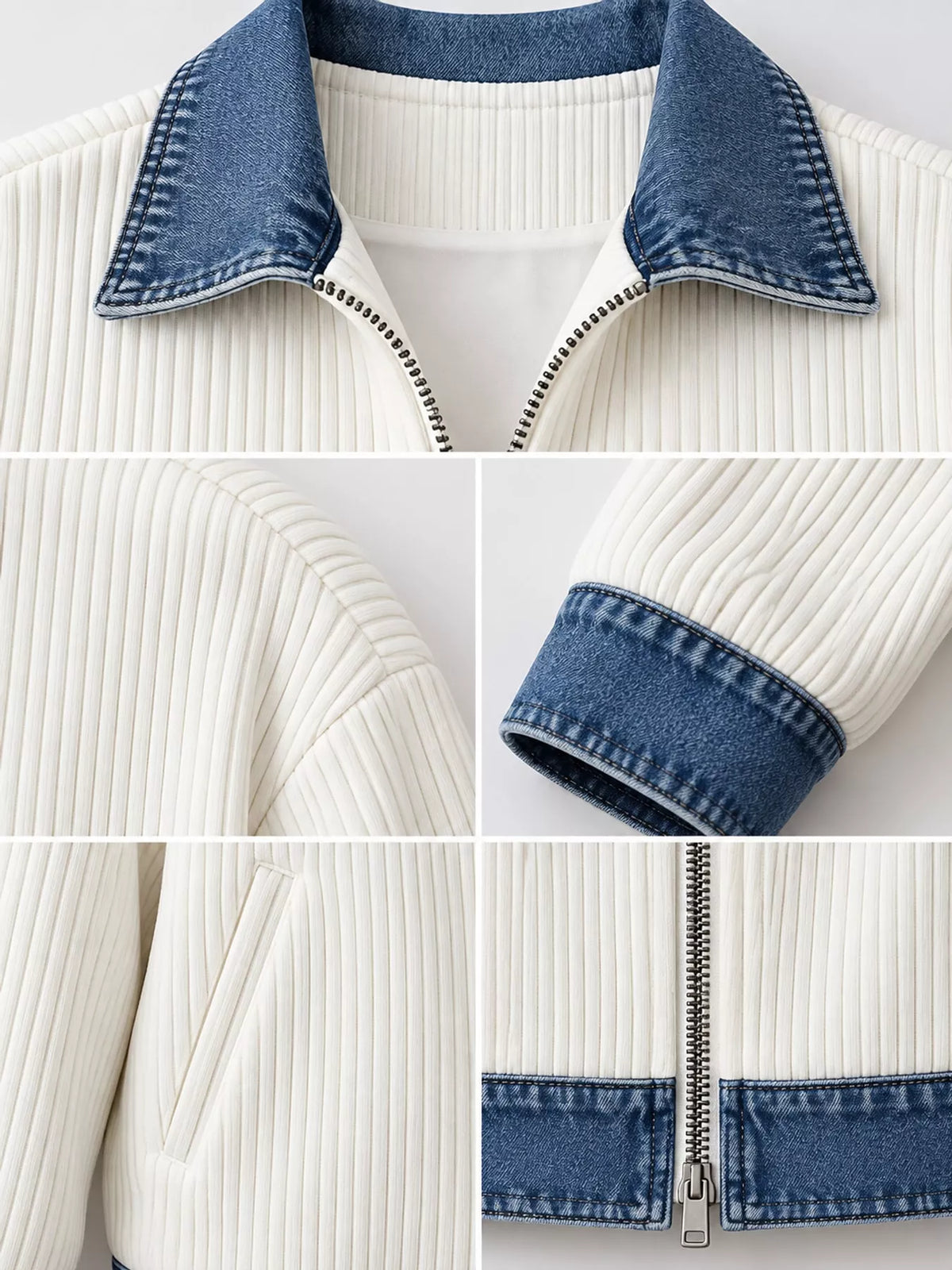 full size denim-collar ribbed knit zip-up jacket plus | dropsona - neutral - size reference