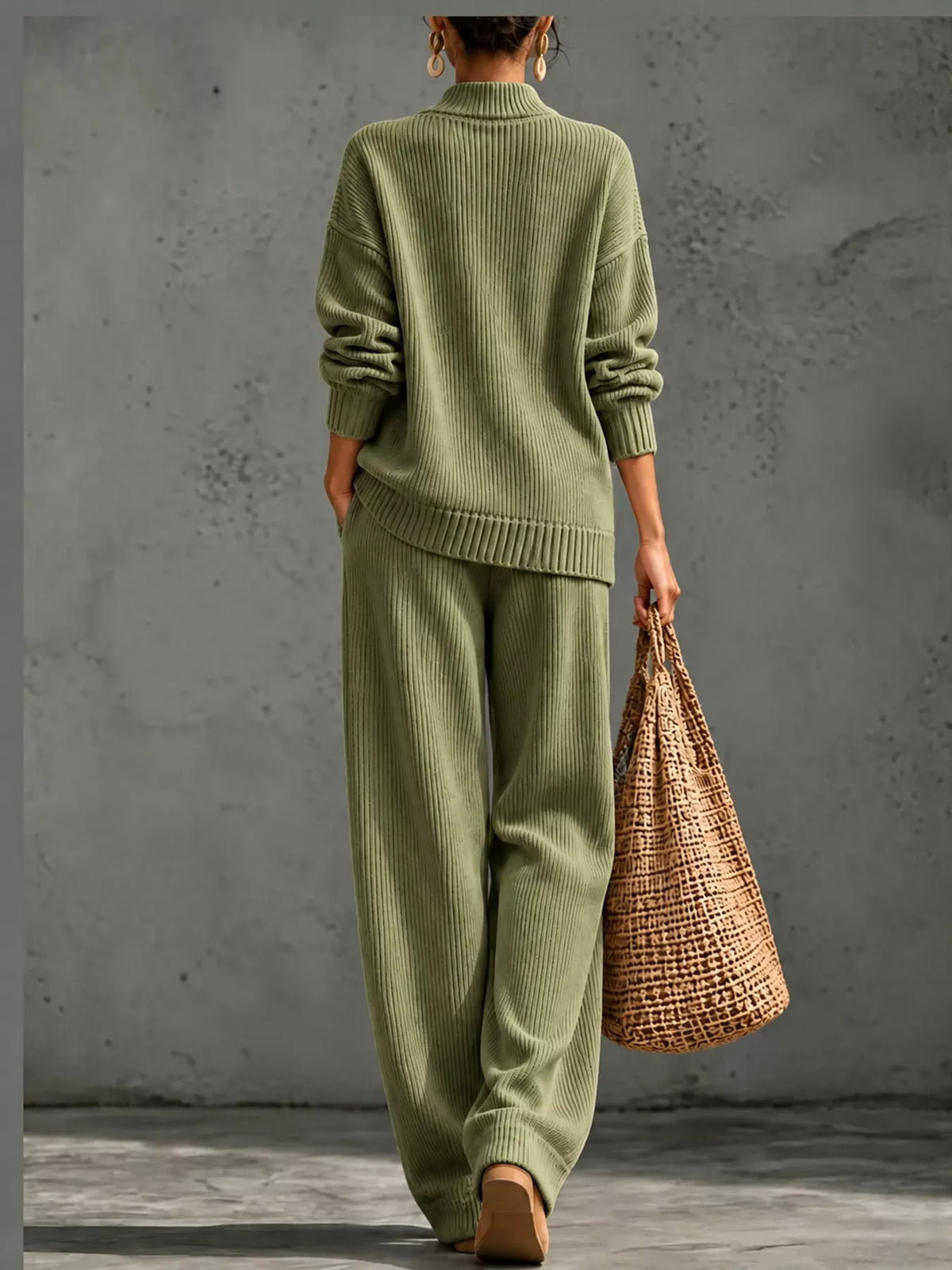 full size elegant v-neck wrap sweater and wide-leg | dropsona - neutral - size reference