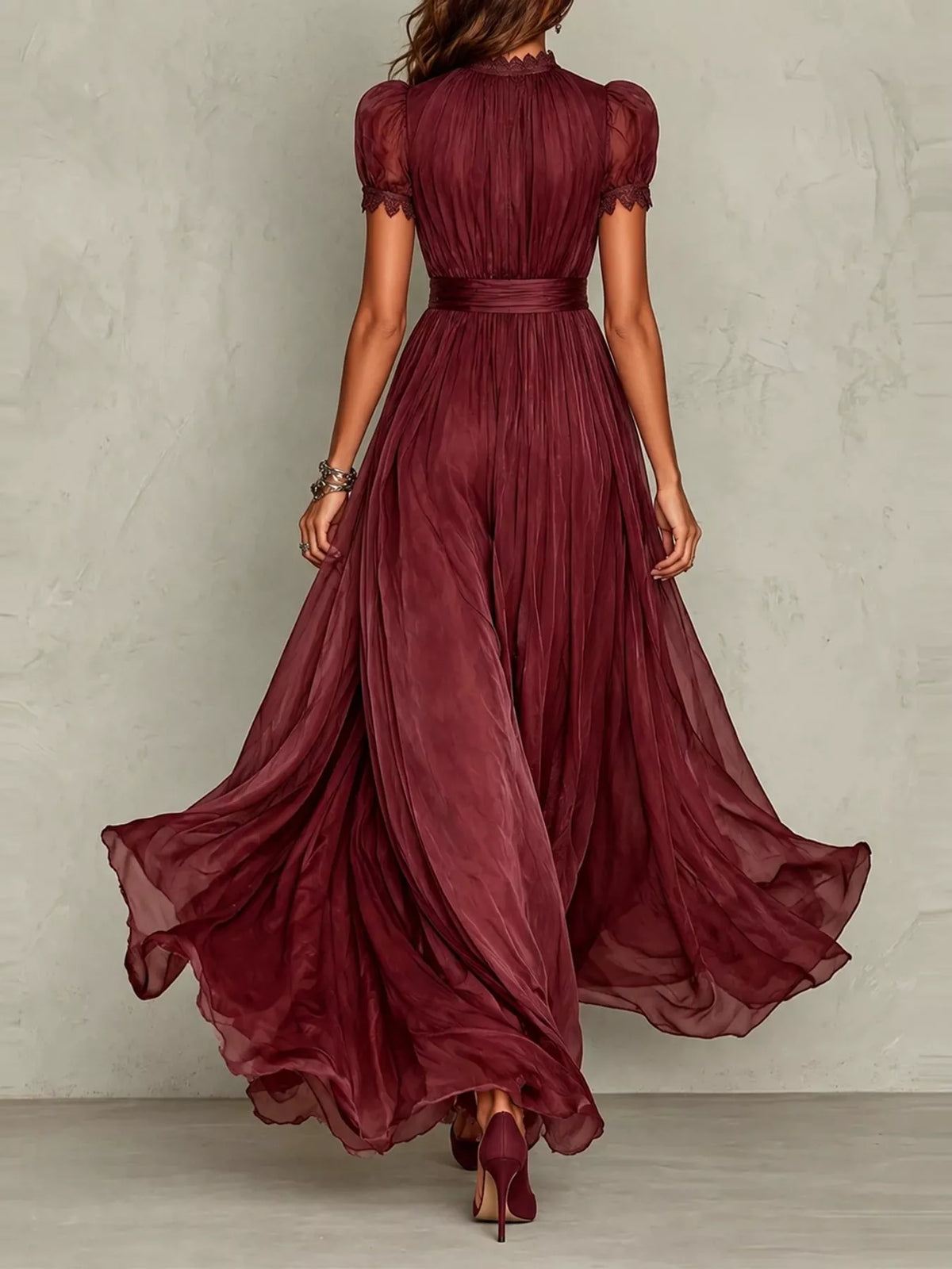 full size elegant sheer chiffon mock-neck maxi dress | dropsona - neutral - close-up detail