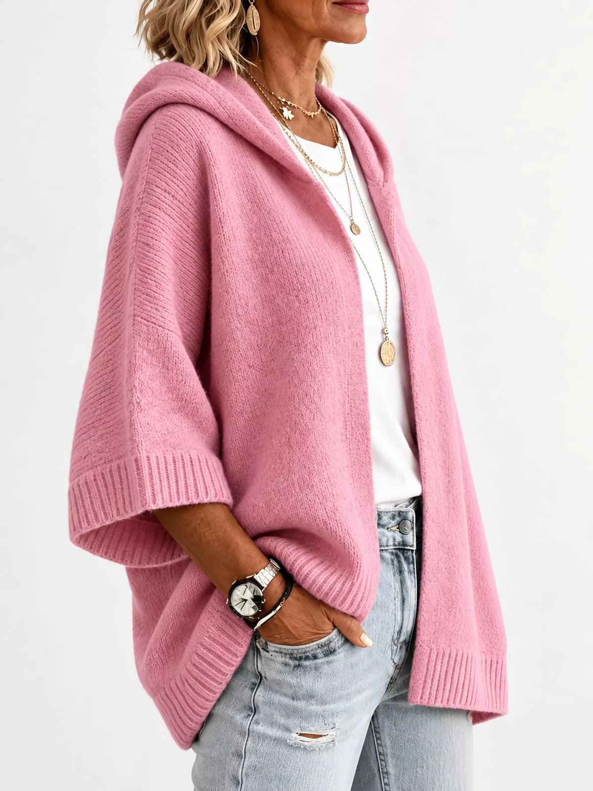full size hooded open-front knit cardigan plus | dropsona - neutral - close-up detail