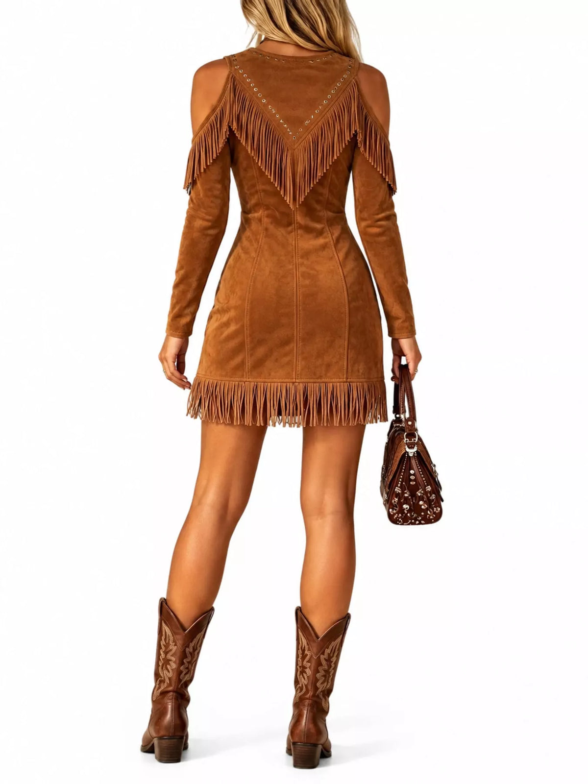 full size fringed cold-shoulder zip-front mini dress | dropsona - neutral - usage example