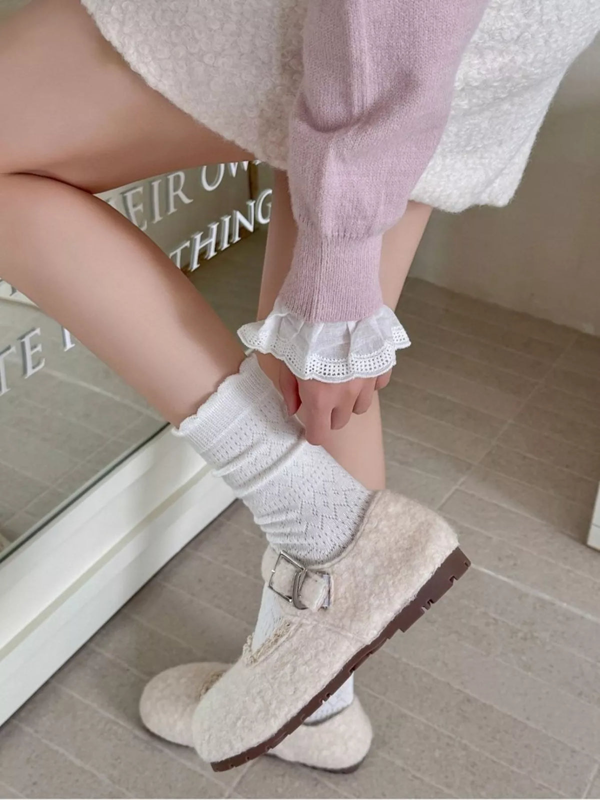 vintage hollow-out knit mid-calf socks | dropsona - neutral - front view