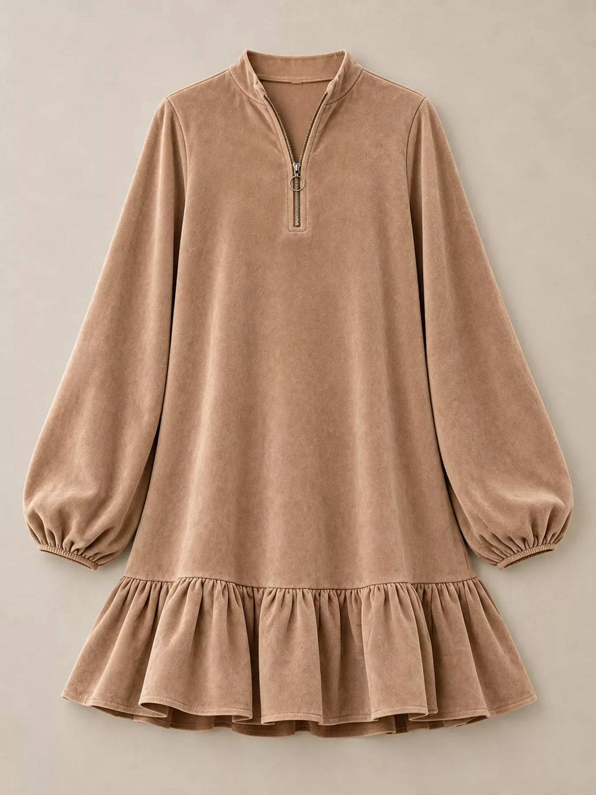 quarter-zip ruffle hem mini dress | dropsona - neutral - front view