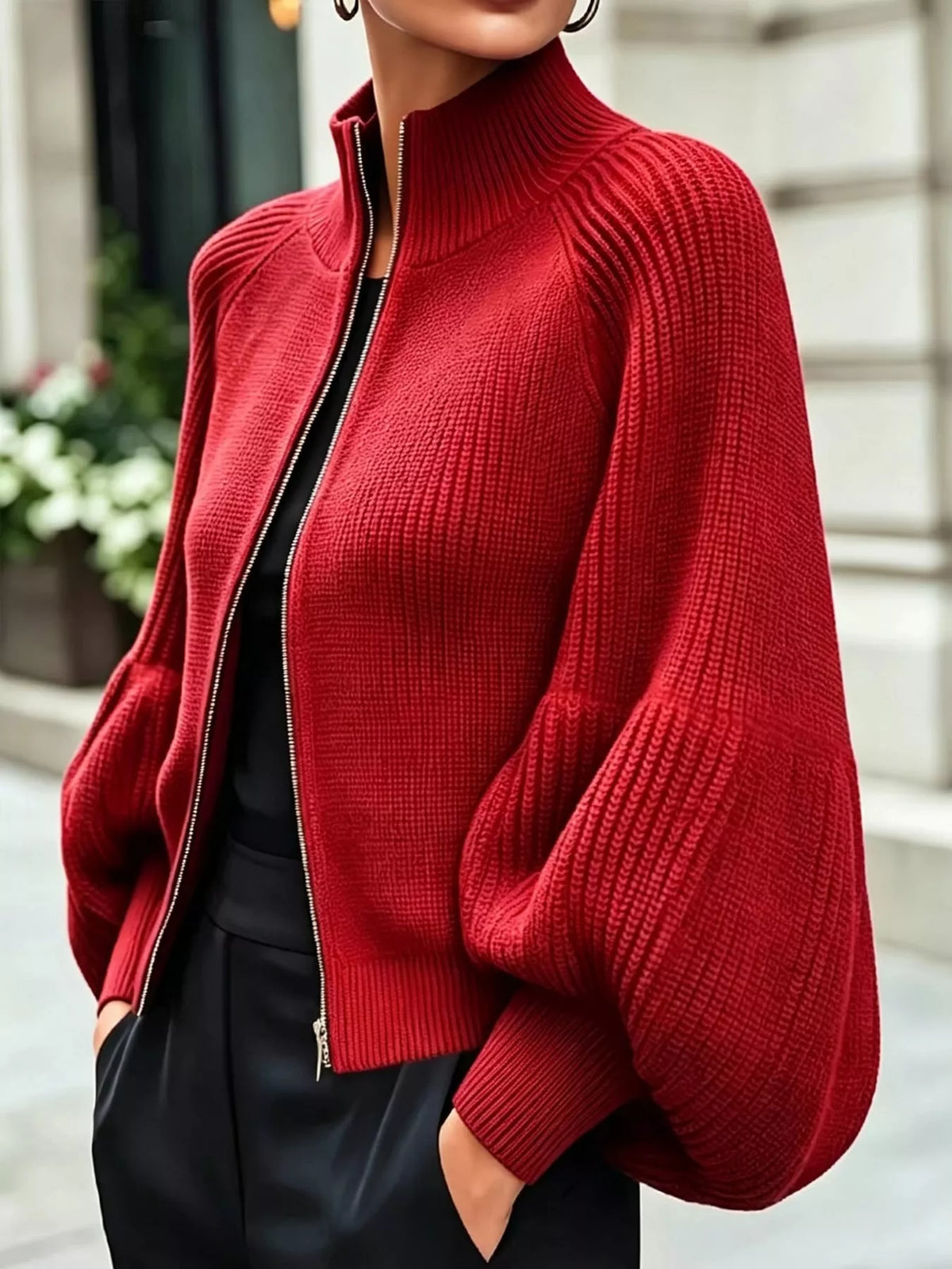 full size elegant ribbed knit zip-up cardigan with | dropsona - neutral - front view