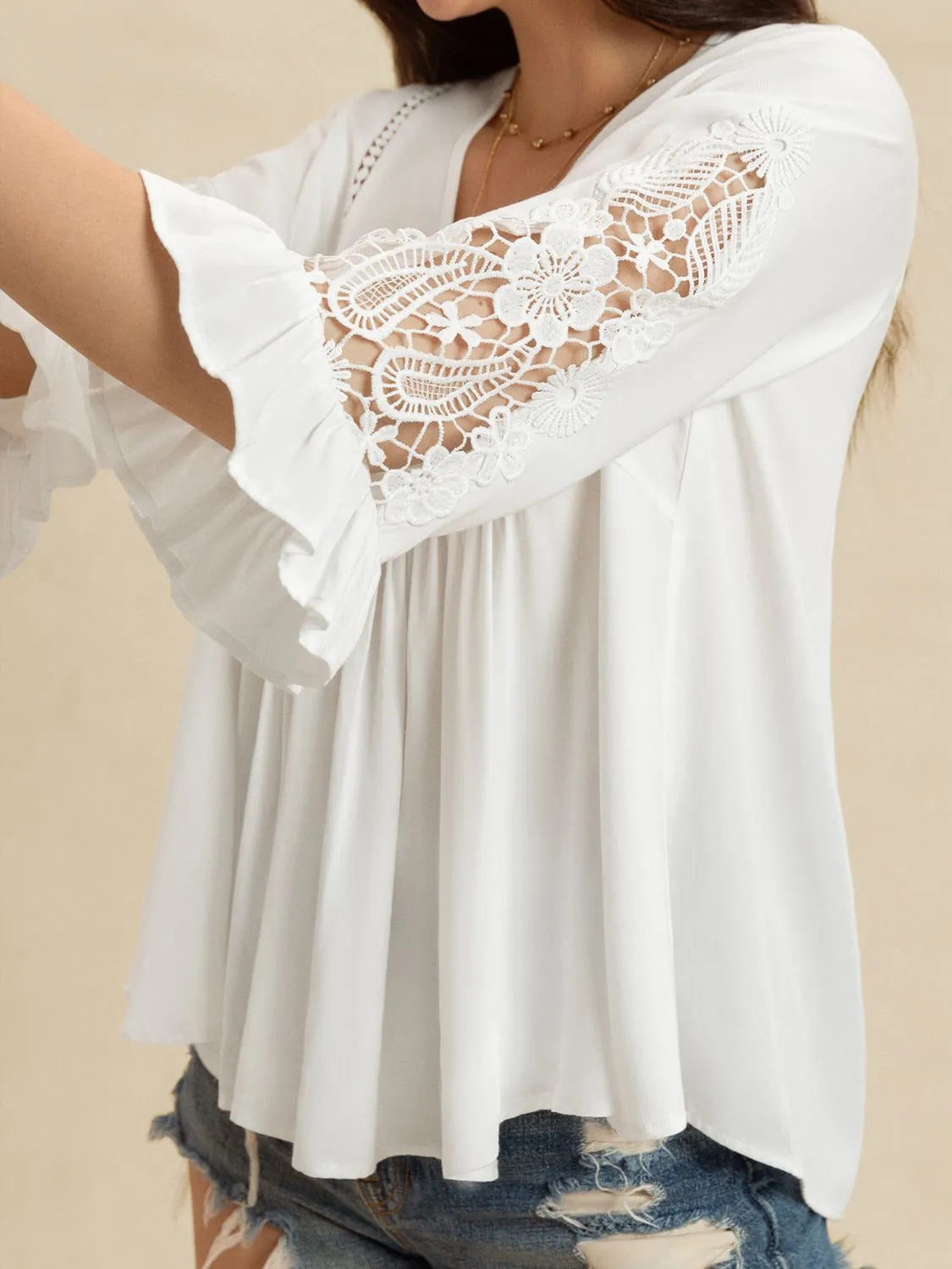 v-neck lace flounce sleeve top - material texture