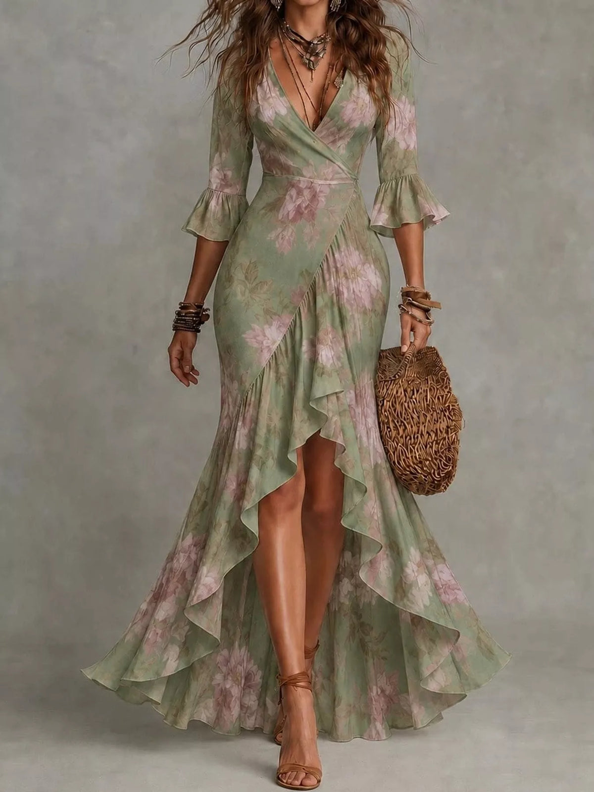high-low ruffled maxi dress | dropsona - neutral - material texture
