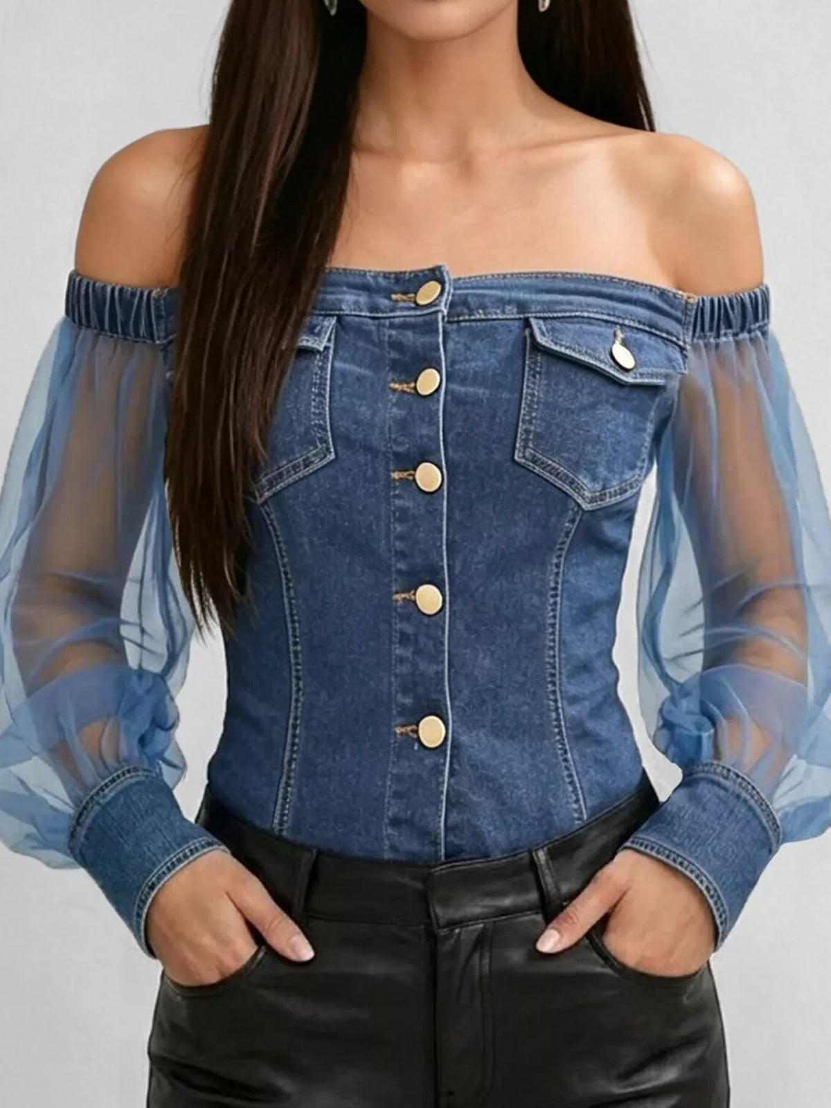 full size off-shoulder sheer sleeve denim top plus | dropsona - neutral - everyday use