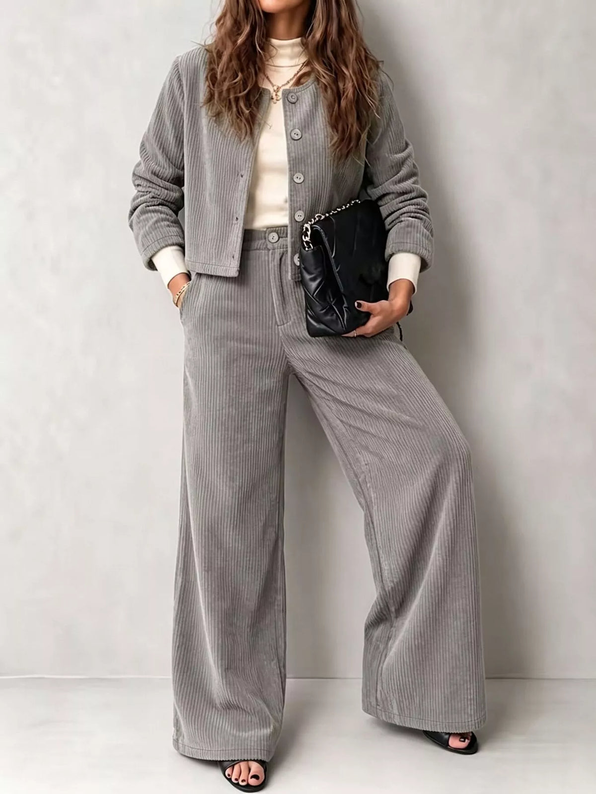 full size corduroy button-down jacket and wide-leg | dropsona - neutral - material texture