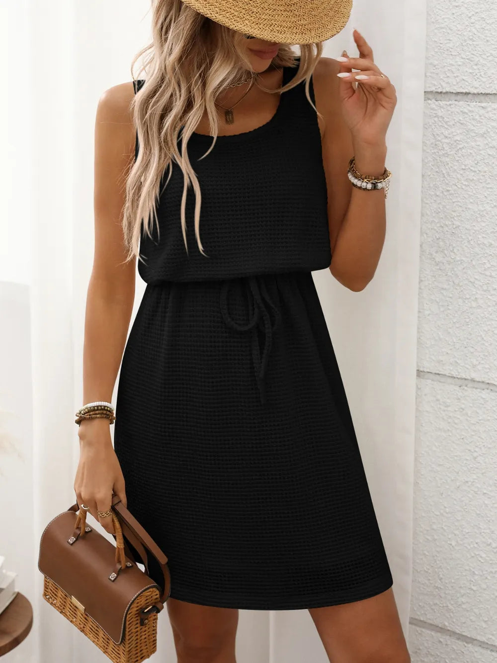 waffle-knit drawstring mini tank dress - close-up detail