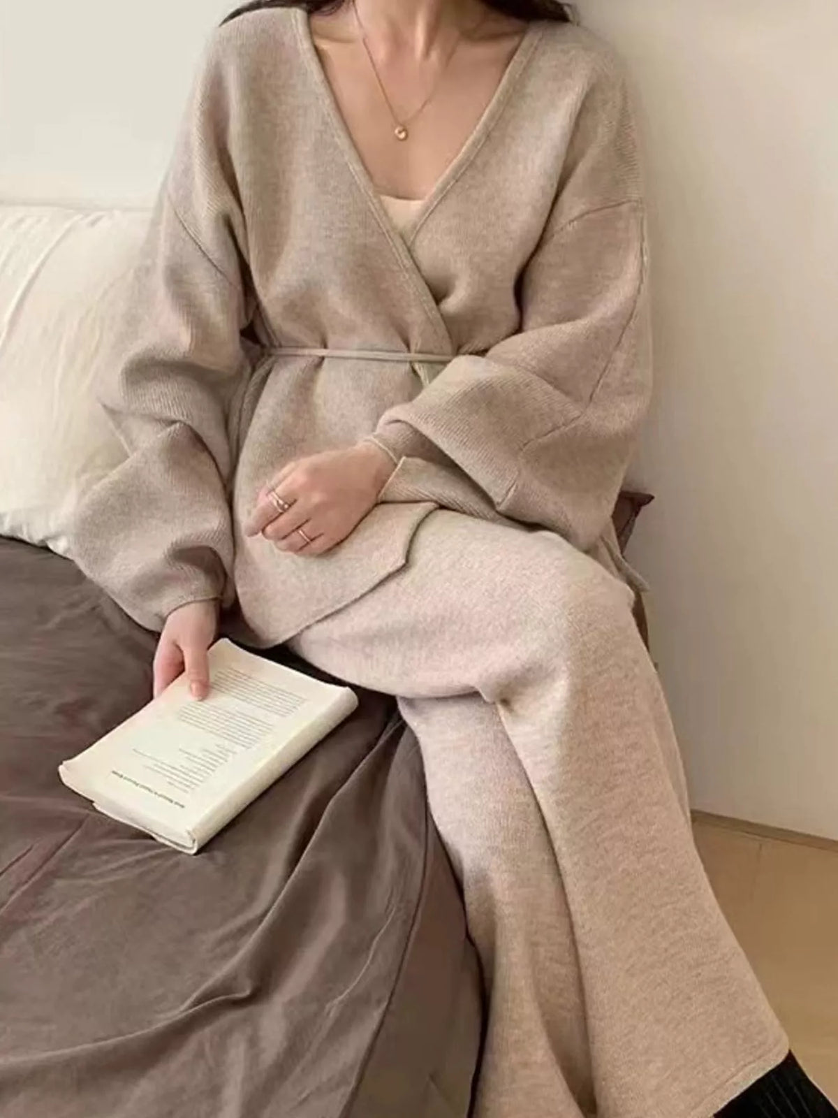 elegant v-neck wrap cardigan and wide-leg pants | dropsona - neutral - material texture