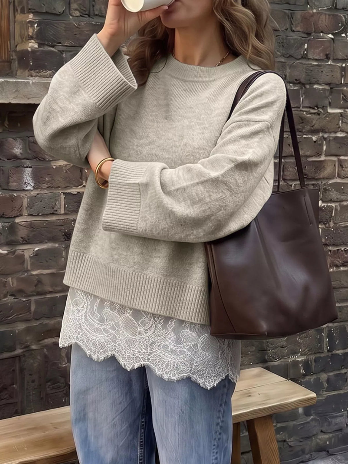 layered lace hem crew neck sweater – detail | dropsona - neutral - material texture
