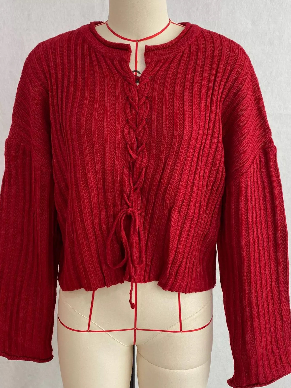 ribbed lace-up crop sweater – | dropsona - neutral - front view