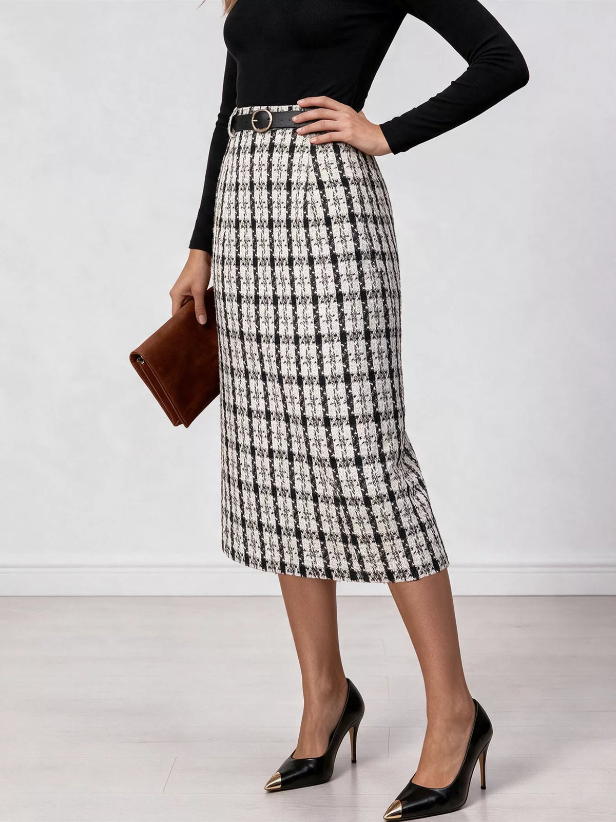high-waisted tweed plaid midi skirt | dropsona - neutral - usage example