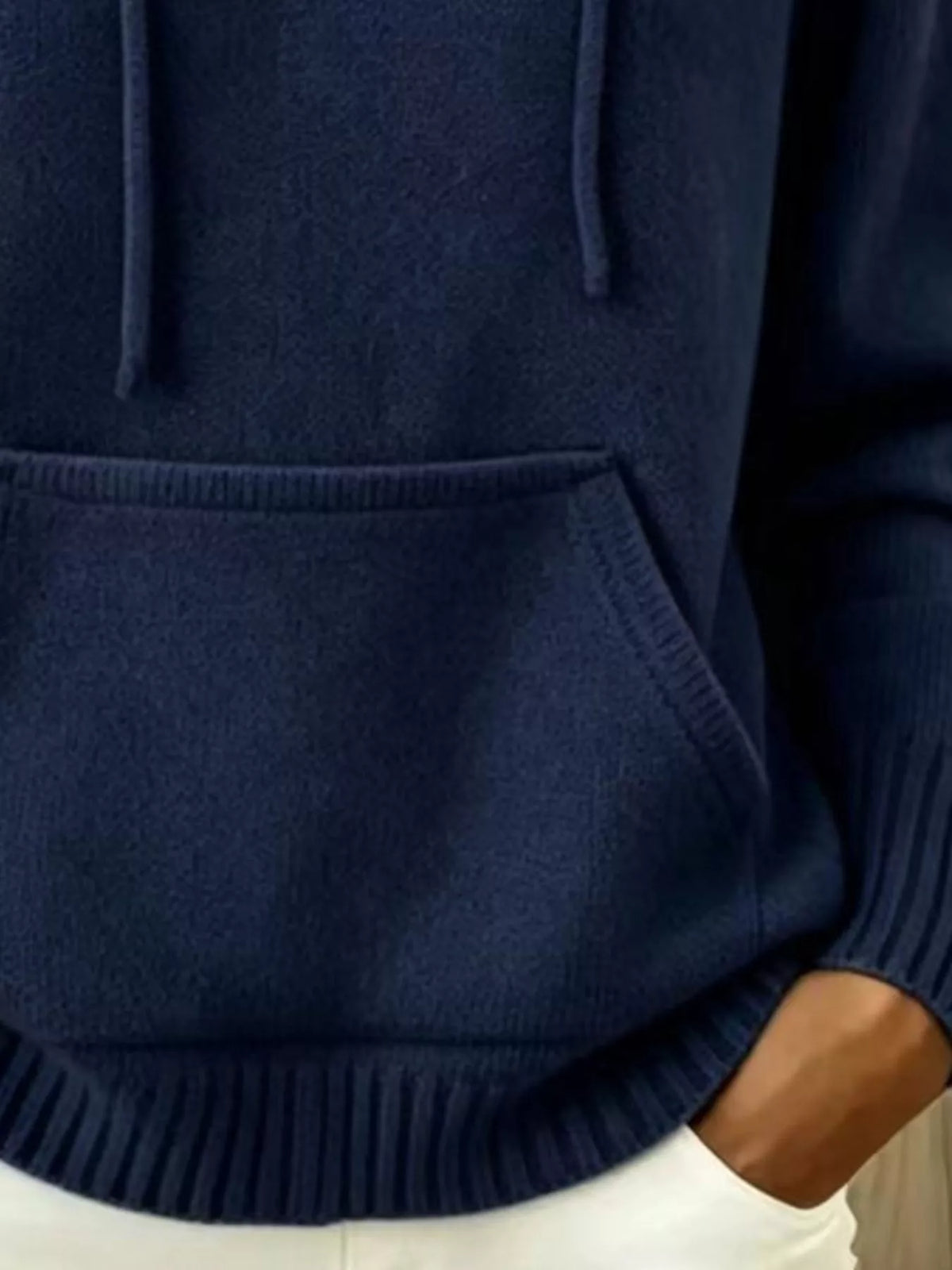 full size drawstring kangaroo pocket hooded sweater | dropsona - neutral - close-up detail