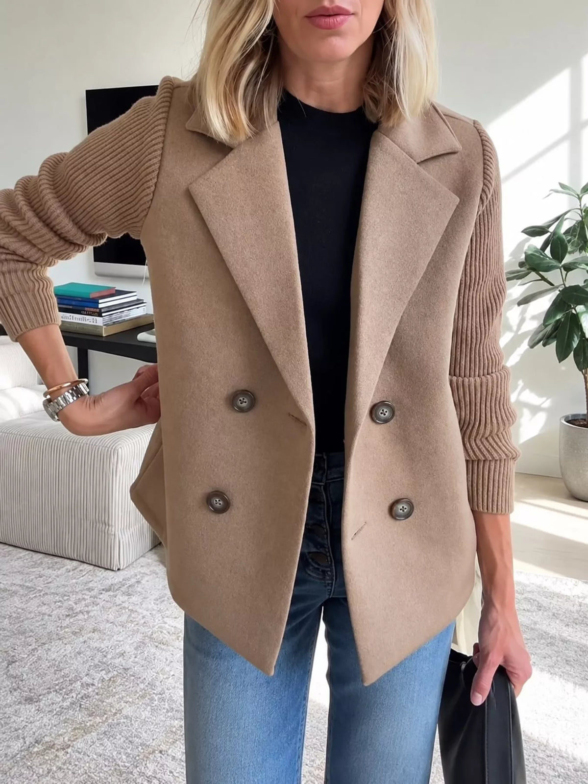 full size double-breasted lapel collar blazer plus | dropsona - neutral - everyday use