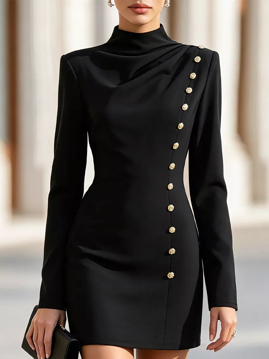mock neck long-sleeve bodycon dress with gold-tone | dropsona - neutral - material texture
