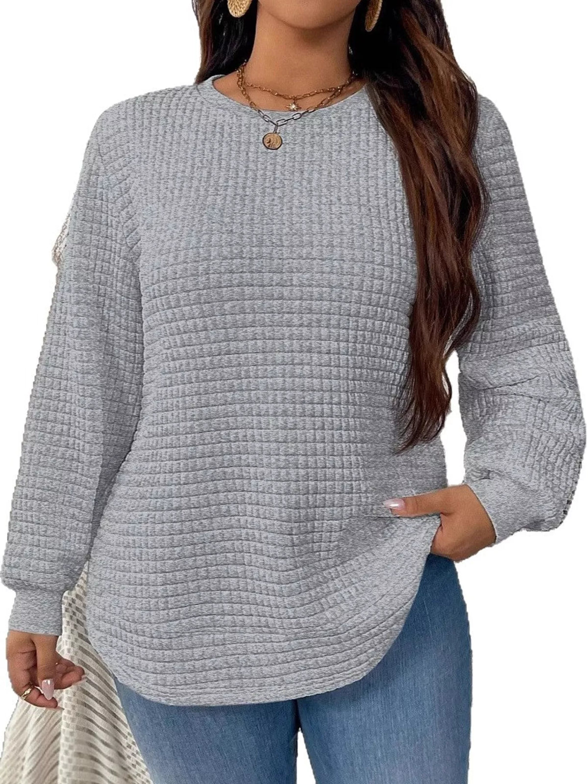 plus size textured waffle knit crew neck sweatshirt | dropsona - neutral - close-up detail