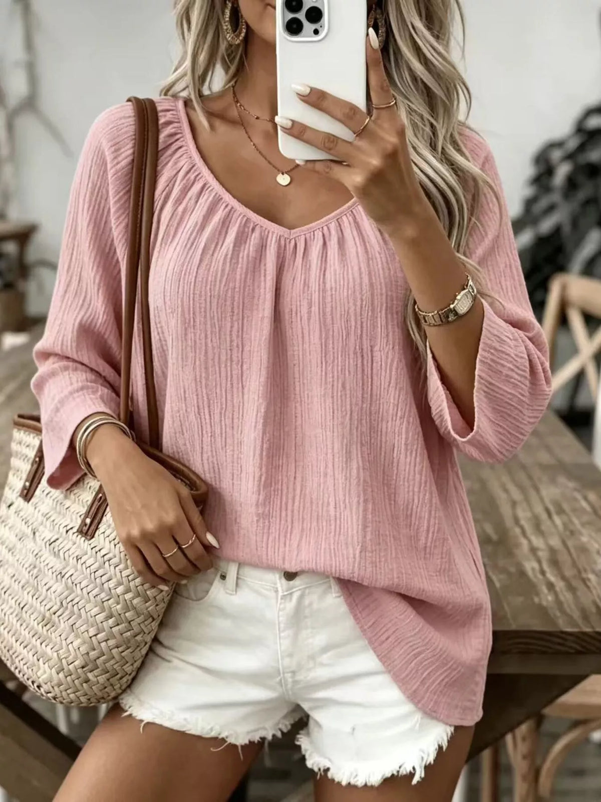 full size textured v-neck casual t-shirt plus | dropsona - neutral - packaging
