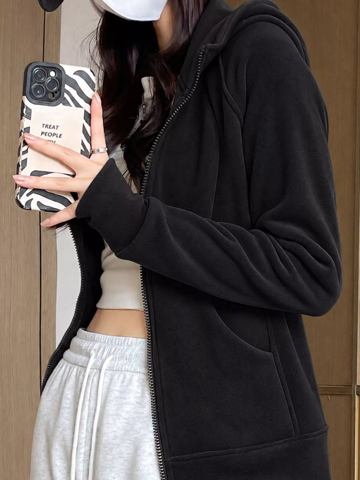 slim-fit full-zip thumb hole long sleeve hoodie with | dropsona - neutral - front view