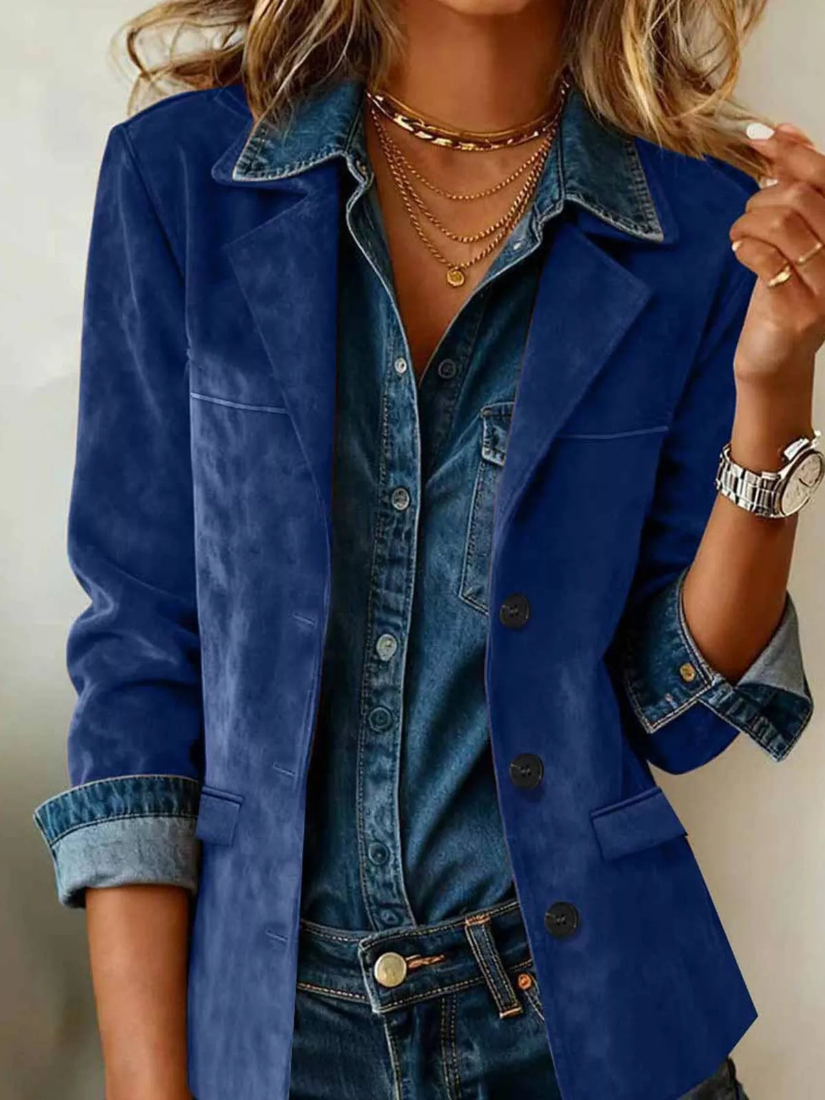 full size lapel collar button up blazer plus | dropsona - neutral - front view