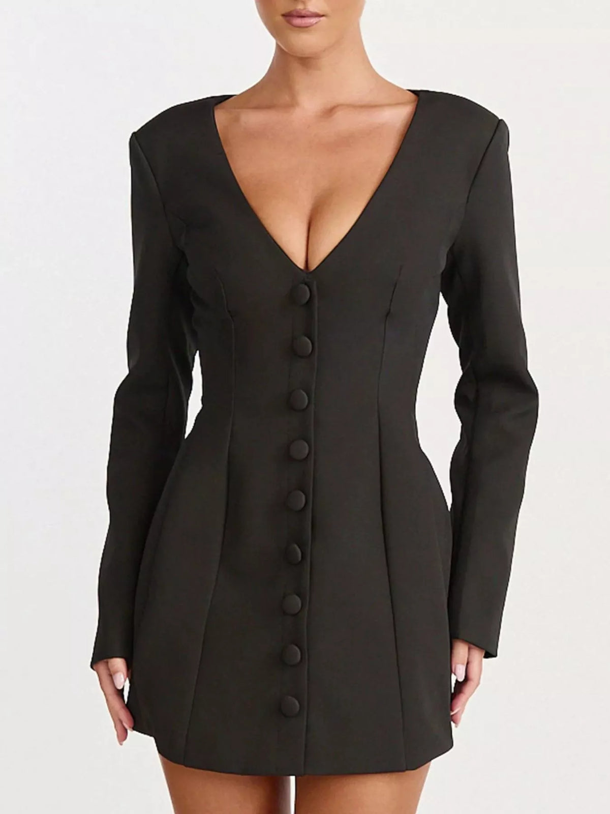 deep v-neck button-down blazer dress – buttoned,zipper | dropsona - neutral - usage example