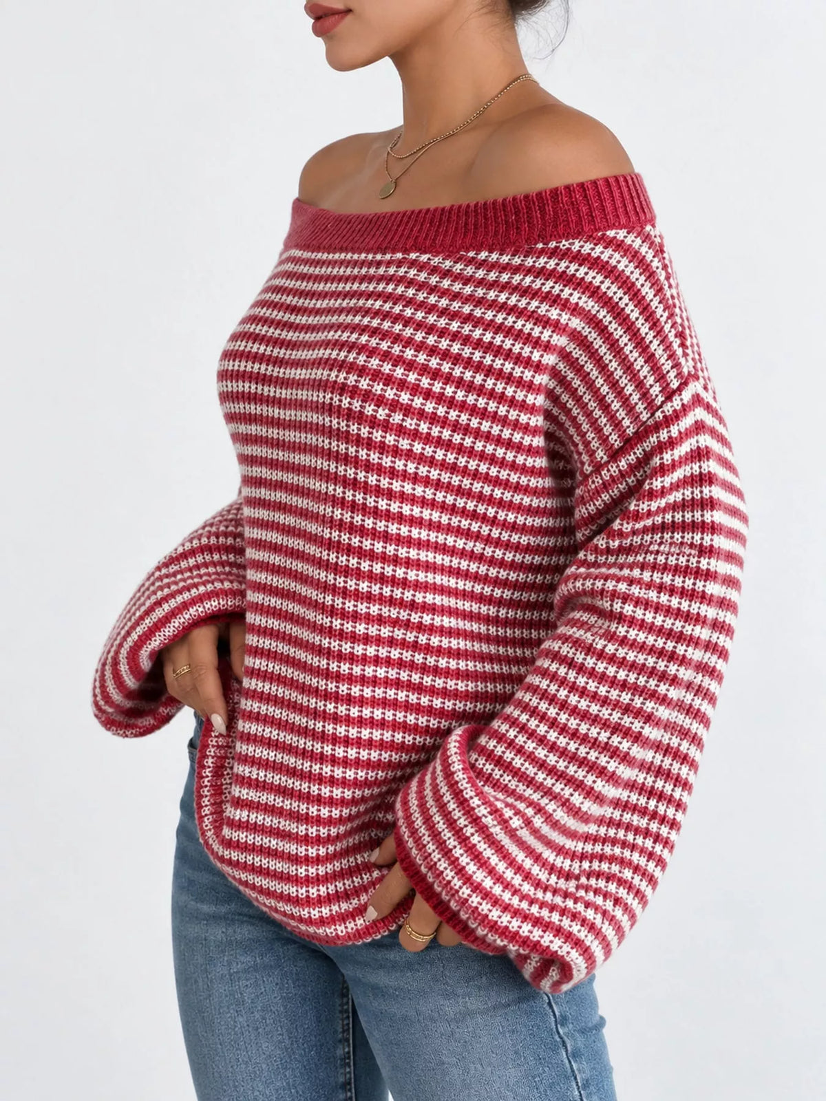 striped knit boat neck sweater – oversized,ribbed fit | dropsona - neutral - close-up detail