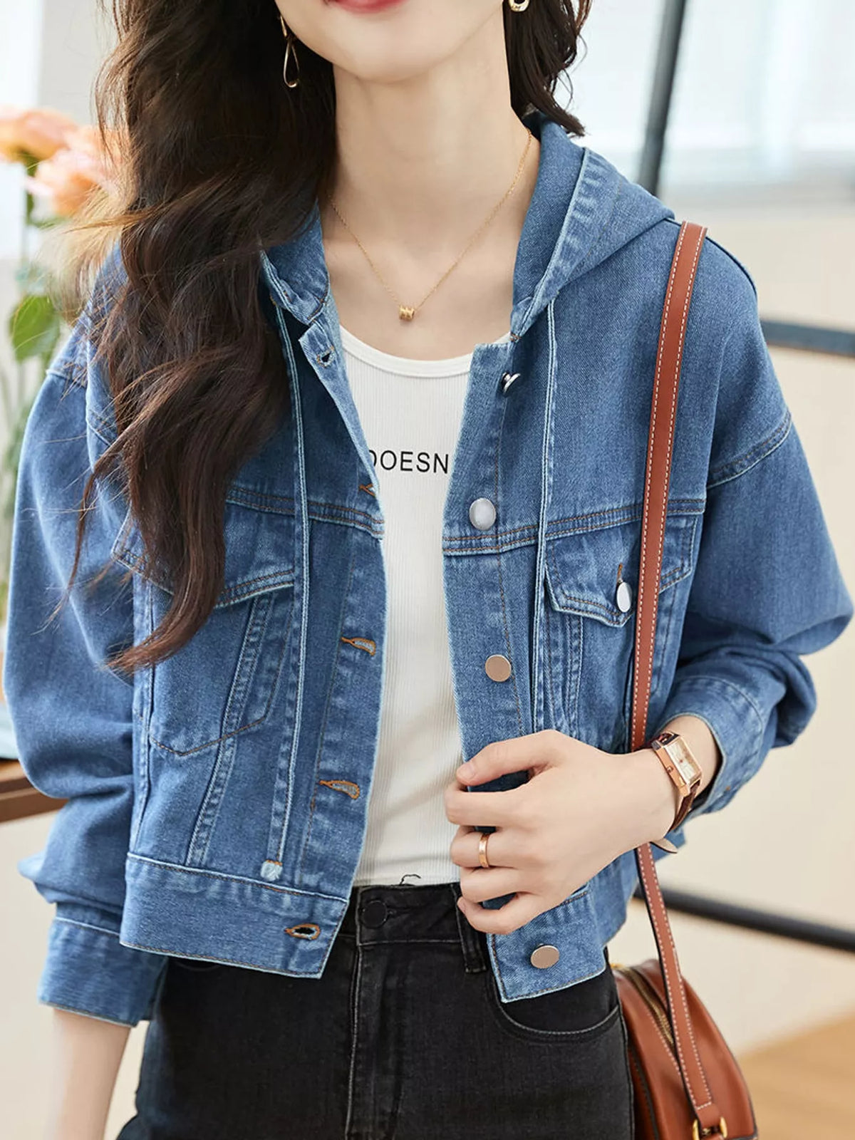 full size hooded cropped denim jacket plus | dropsona - neutral - close-up detail