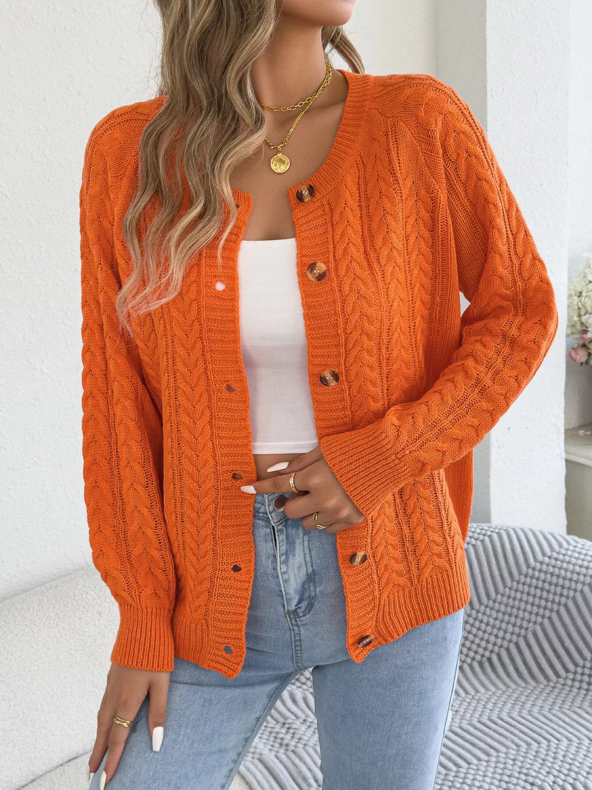 cable knit button-front cardigan – cable-knit,buttoned | dropsona - neutral - material texture