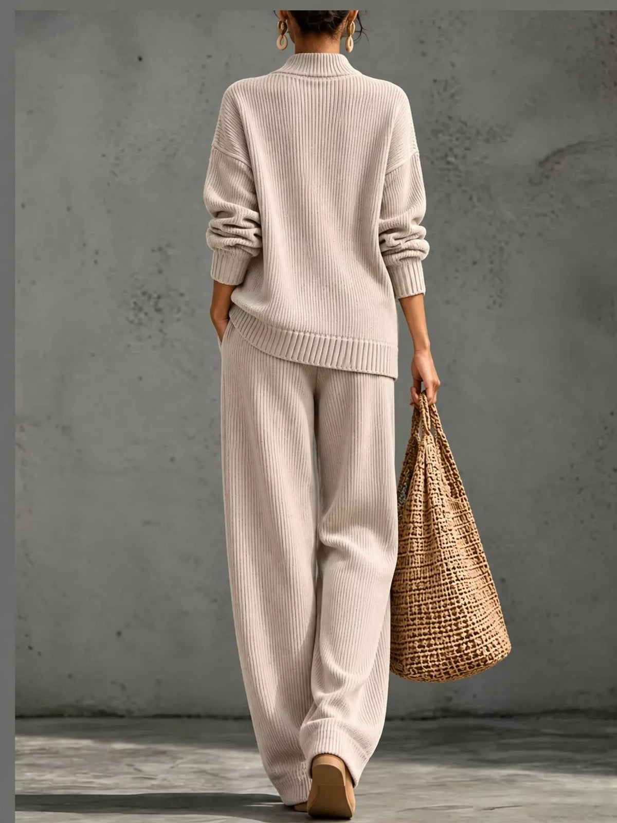 full size elegant v-neck wrap sweater and wide-leg | dropsona - neutral - close-up detail