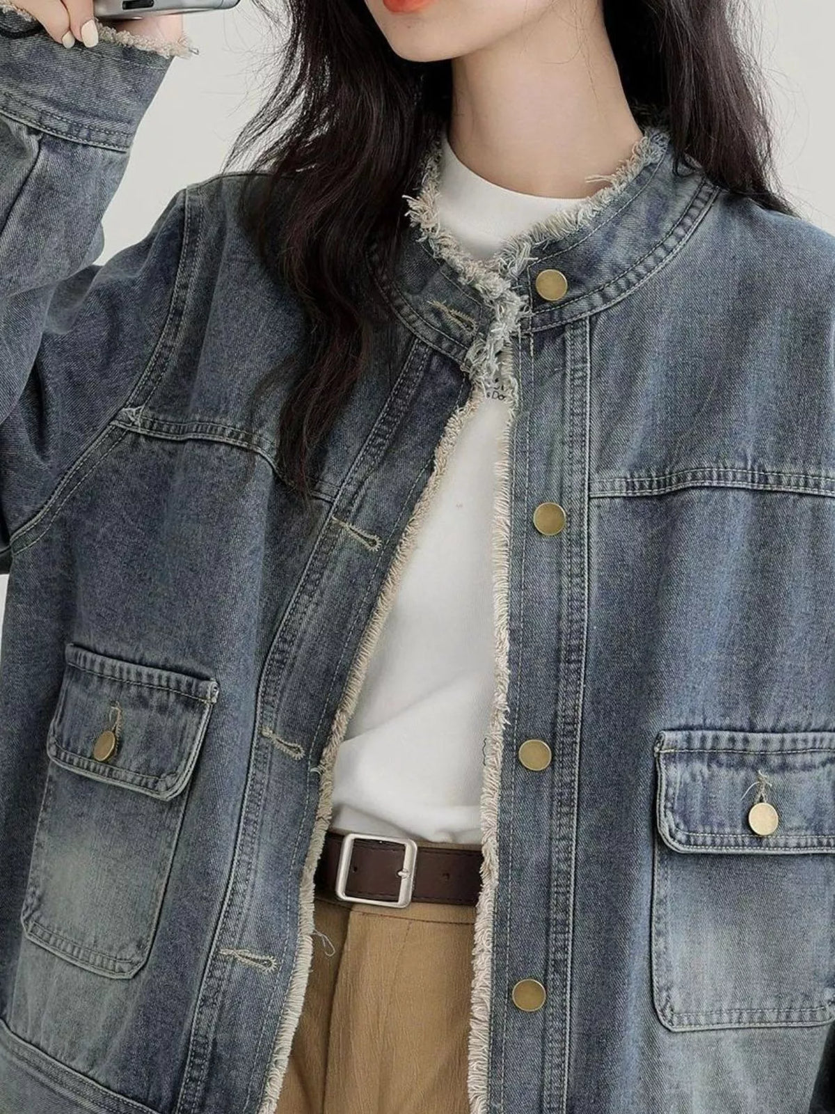distressed frayed-edge denim jacket with utility | dropsona - neutral - size reference