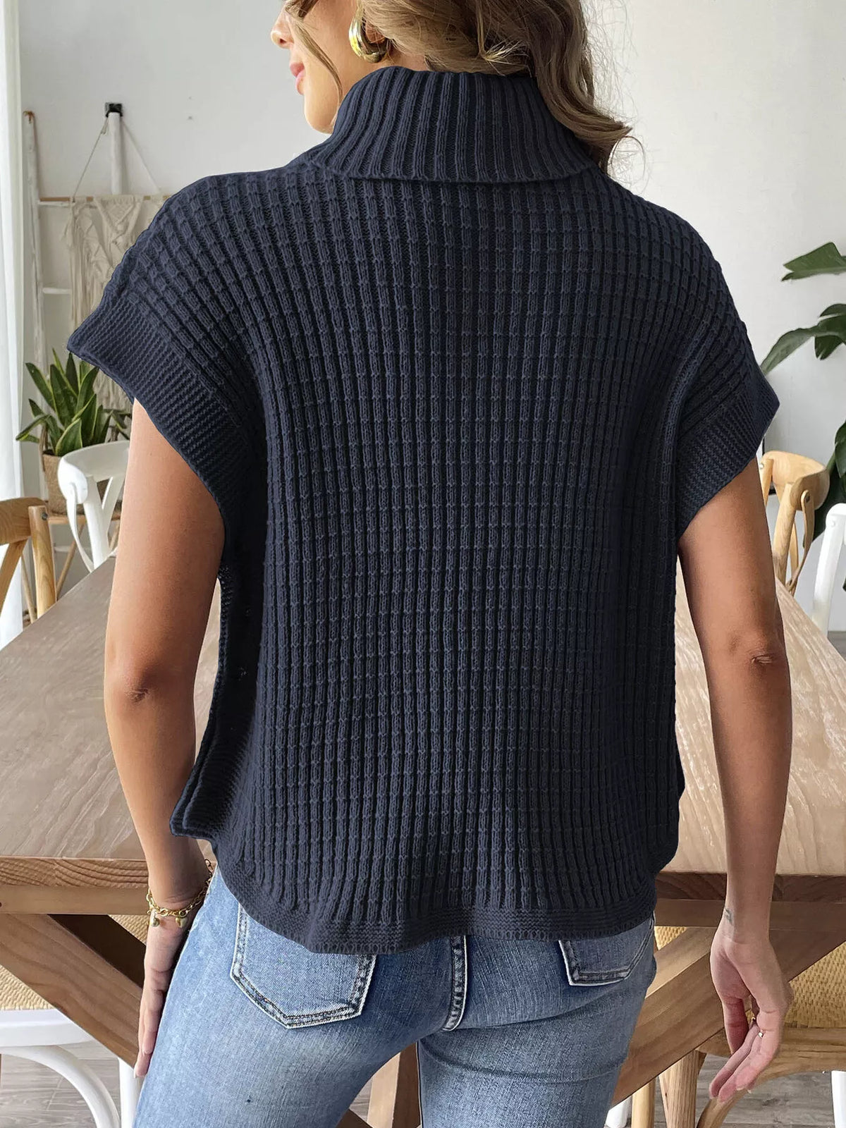 ribbed turtleneck sweater with side button detail | dropsona - neutral - front view