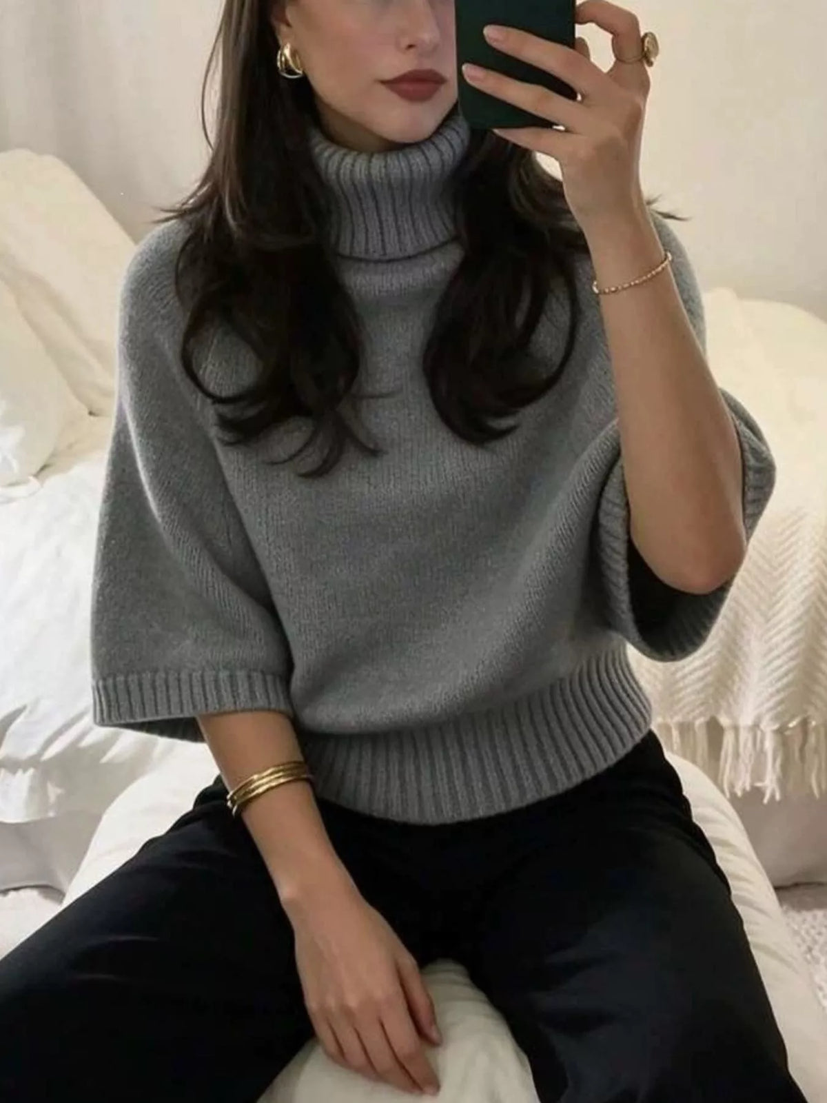 turtleneck batwing sleeve sweater – basic style | dropsona - neutral - close-up detail