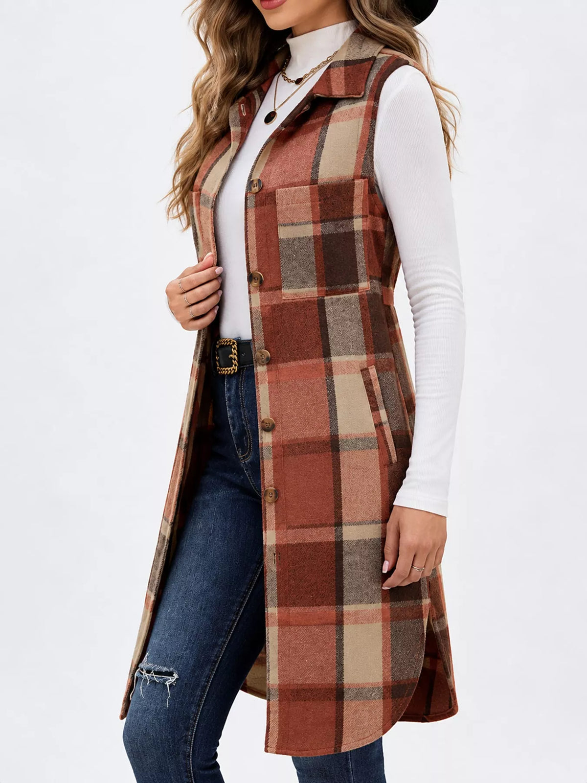 longline plaid button-down vest coat | dropsona - neutral - packaging