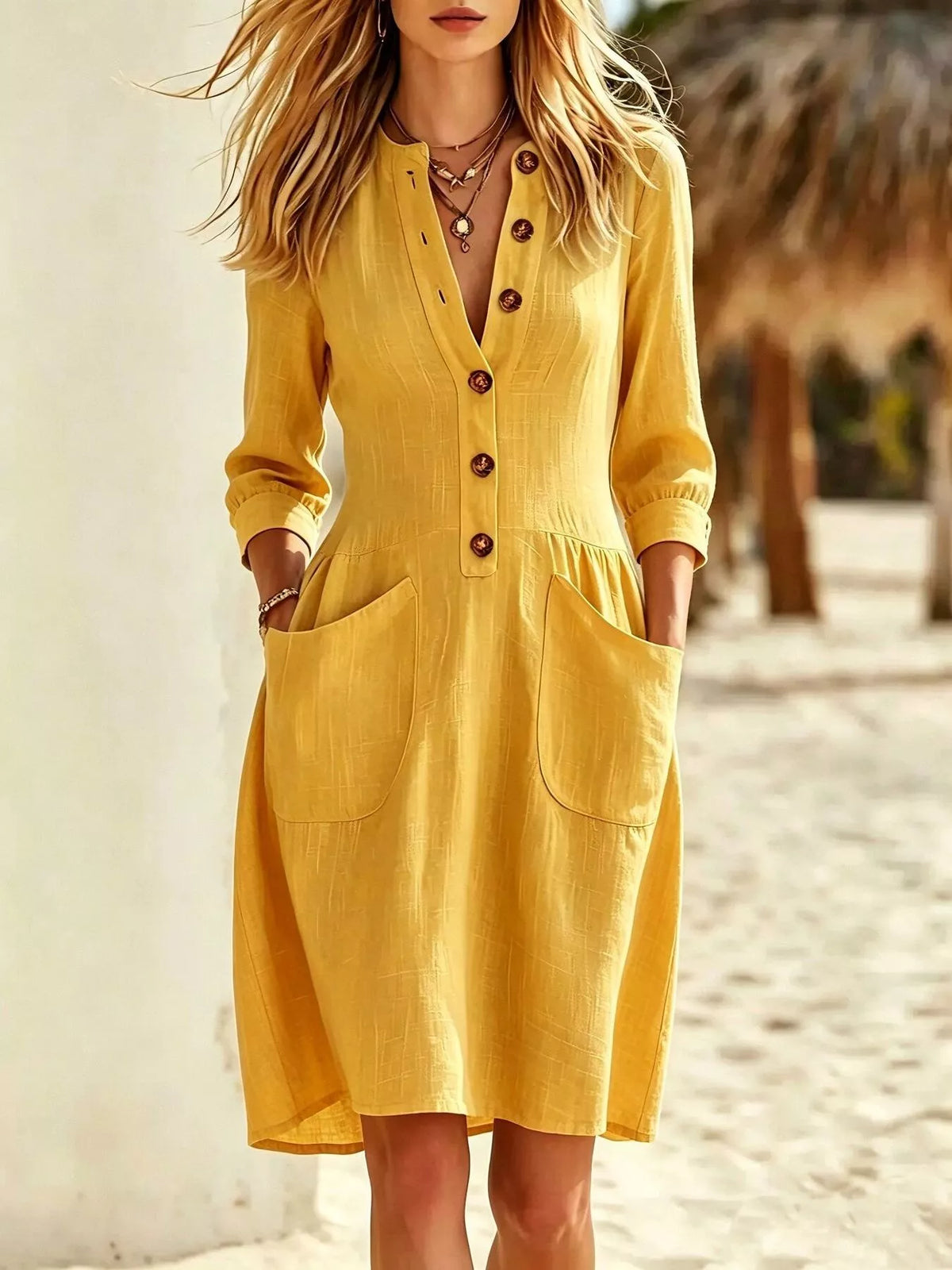 full size button front long sleeve dress plus | dropsona - neutral - everyday use
