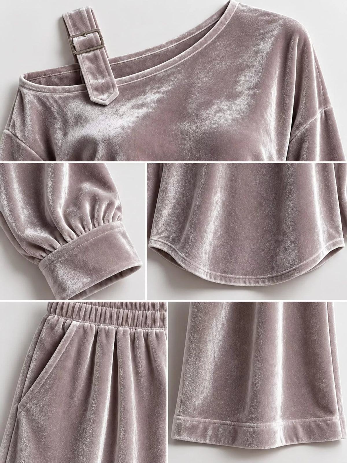 asymmetrical neck top and pants set | dropsona - neutral - material texture