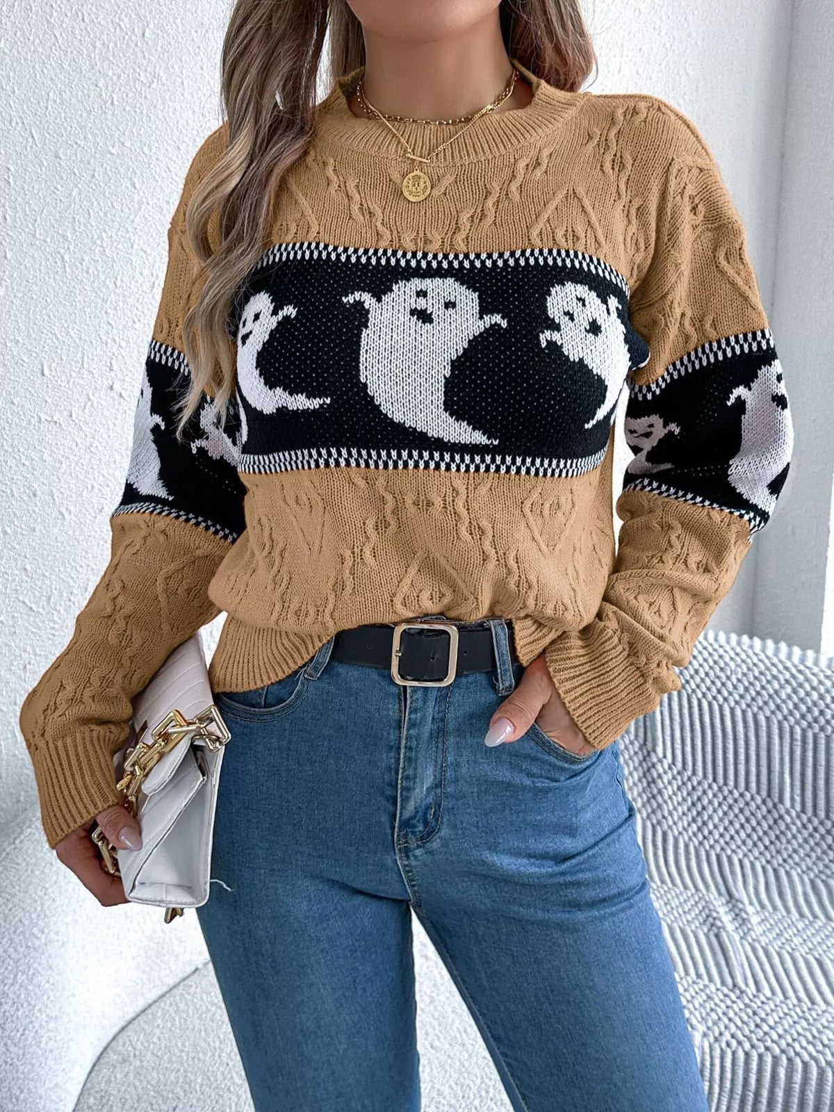 halloween ghost pattern textured sweater – cable-knit | dropsona - neutral - close-up detail