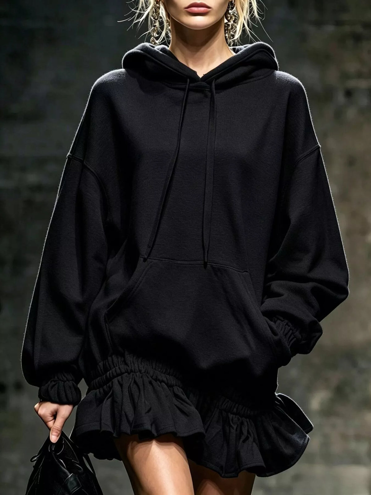 casual chic hoodie sweatshirt mini dress with ruffled | dropsona - neutral - front view