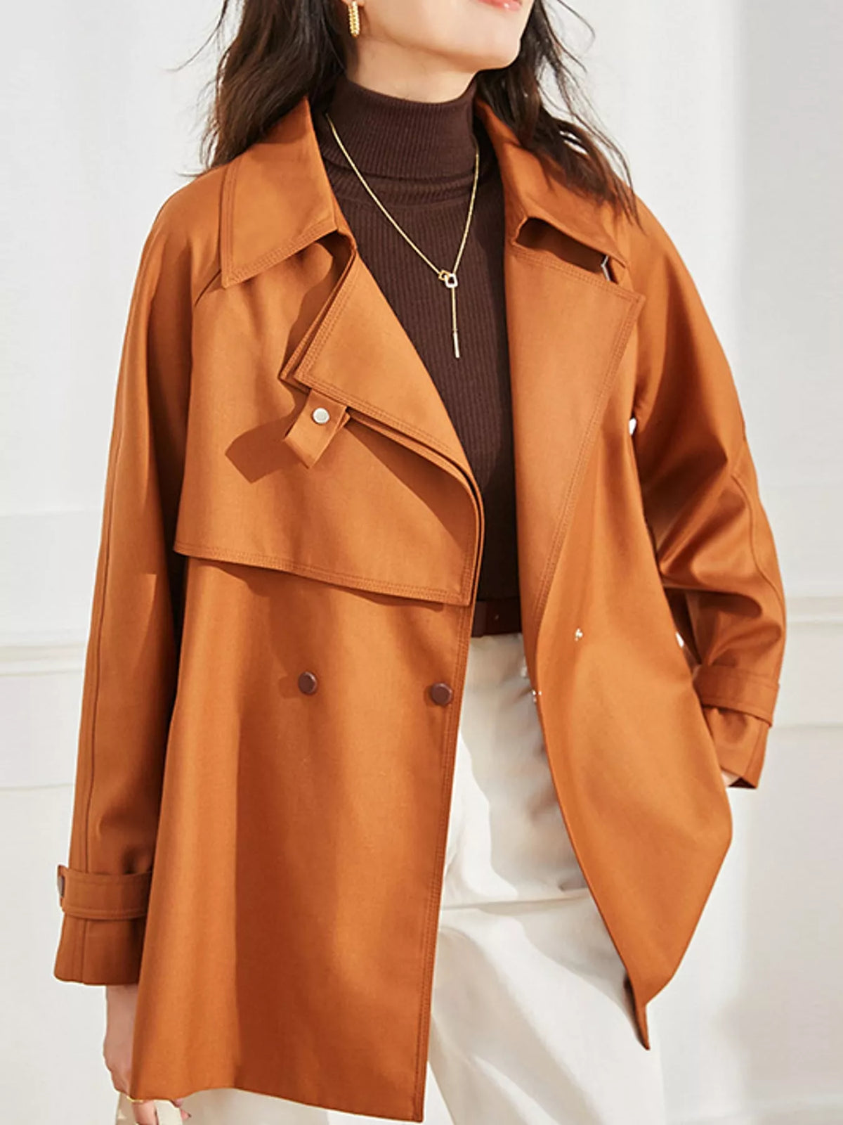 double-breasted tie waist trench coat | dropsona - neutral - front view